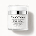 Mom’s Tallow Advanced Peptide Face Cream with grass-fed tallow in a clear jar on an off-white background