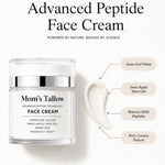 Mom’s Tallow Advanced Peptide Face Cream with cream swatch and ingredient callouts for grass-fed tallow, Swiss apple stem cell and Matrixyl 3000 peptides.