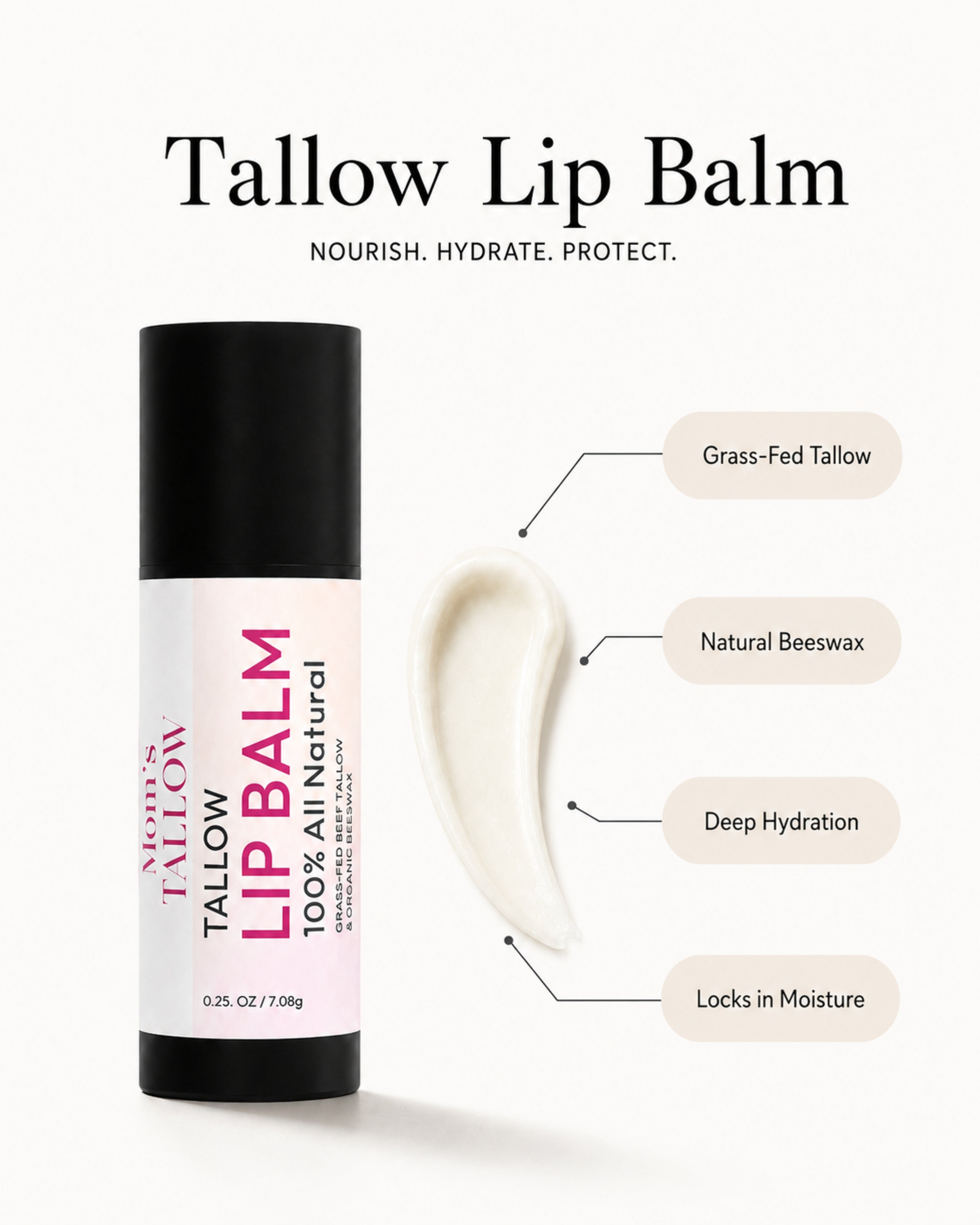 Mom’s Tallow Tallow Lip Balm with grass-fed tallow and natural beeswax for deep hydration and moisture protection