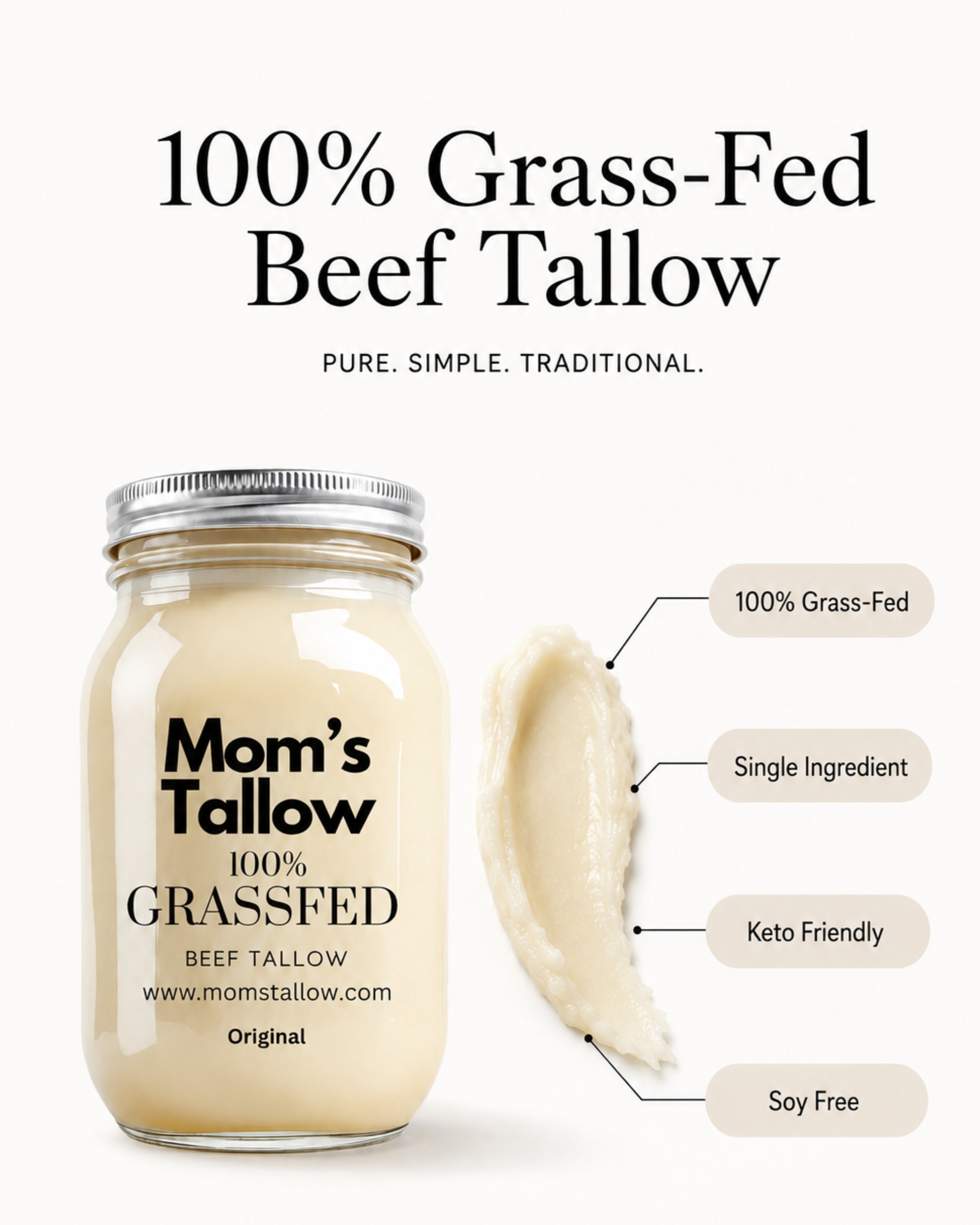 Mom’s Tallow 100% Grass-Fed Beef Tallow Original – single ingredient, keto friendly and soy free