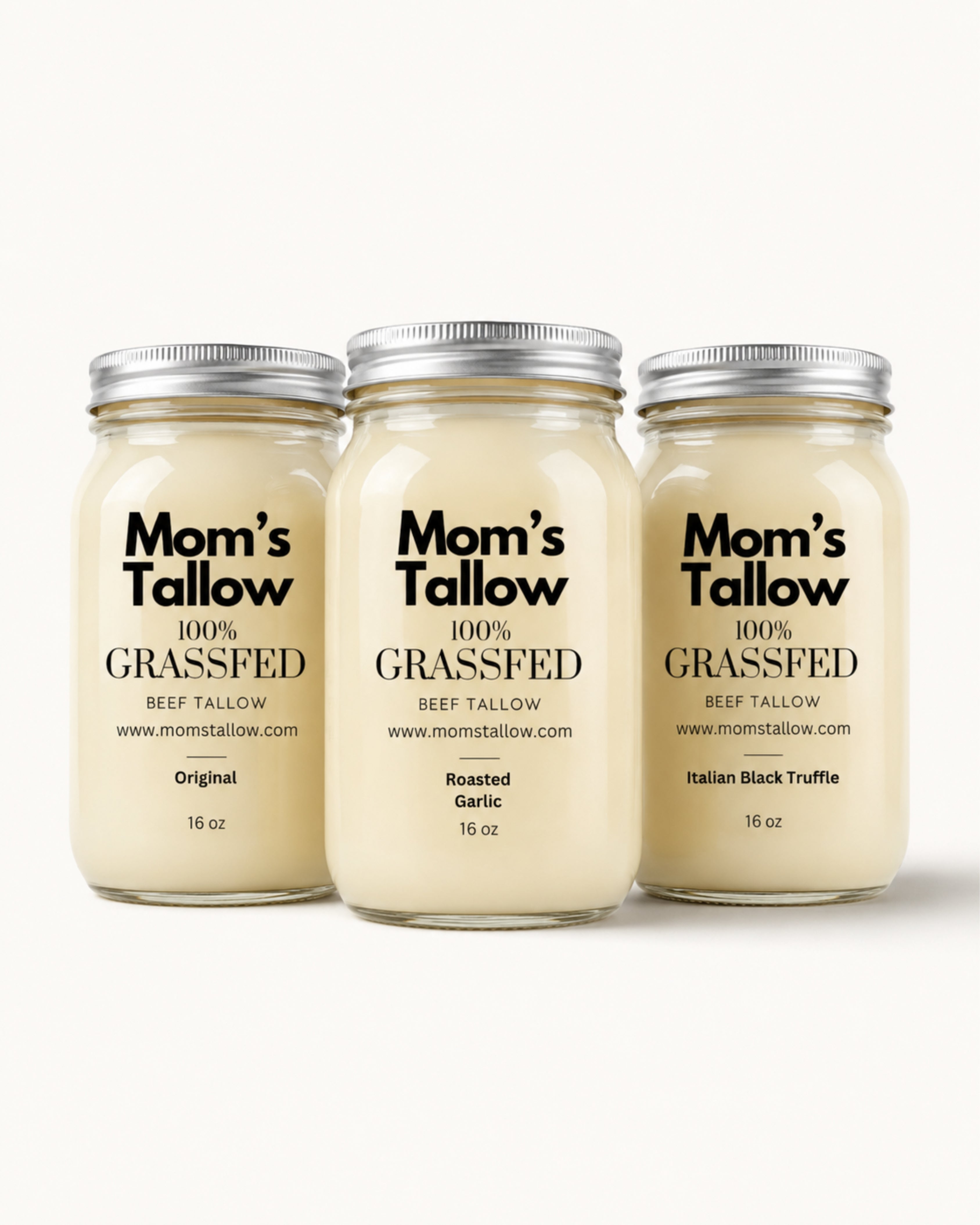 Mom’s Tallow Super Saver Combo Pack with Original Grass-Fed Beef Tallow, Roasted Garlic Tallow and Italian Black Truffle Tallow – 16 oz jars