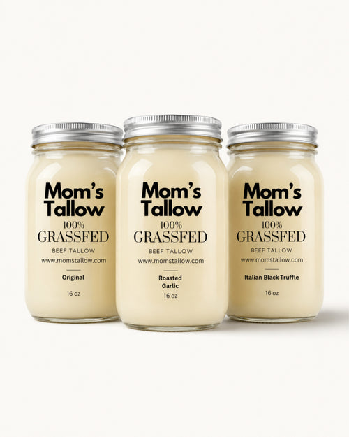 Mom’s Tallow Super Saver Combo Pack with Original Grass-Fed Beef Tallow, Roasted Garlic Tallow and Italian Black Truffle Tallow – 16 oz jars
