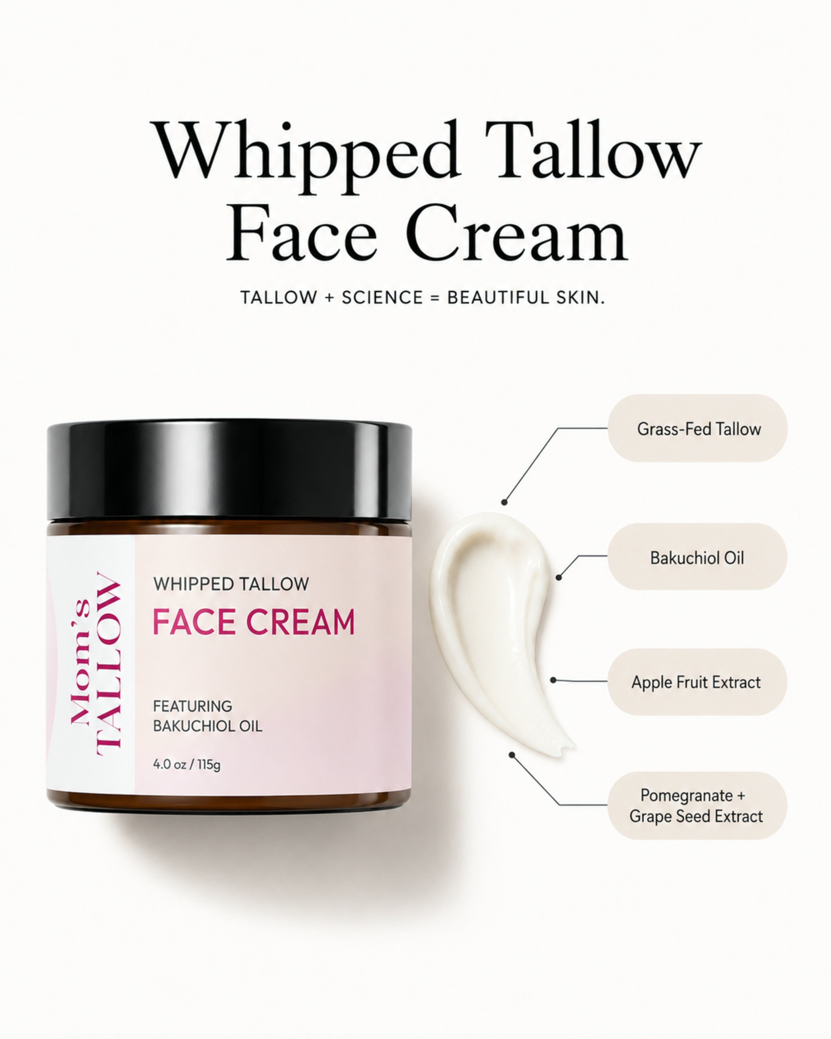Mom’s Tallow Whipped Tallow Face Cream with grass-fed tallow, bakuchiol oil, apple fruit extract and pomegranate extract
