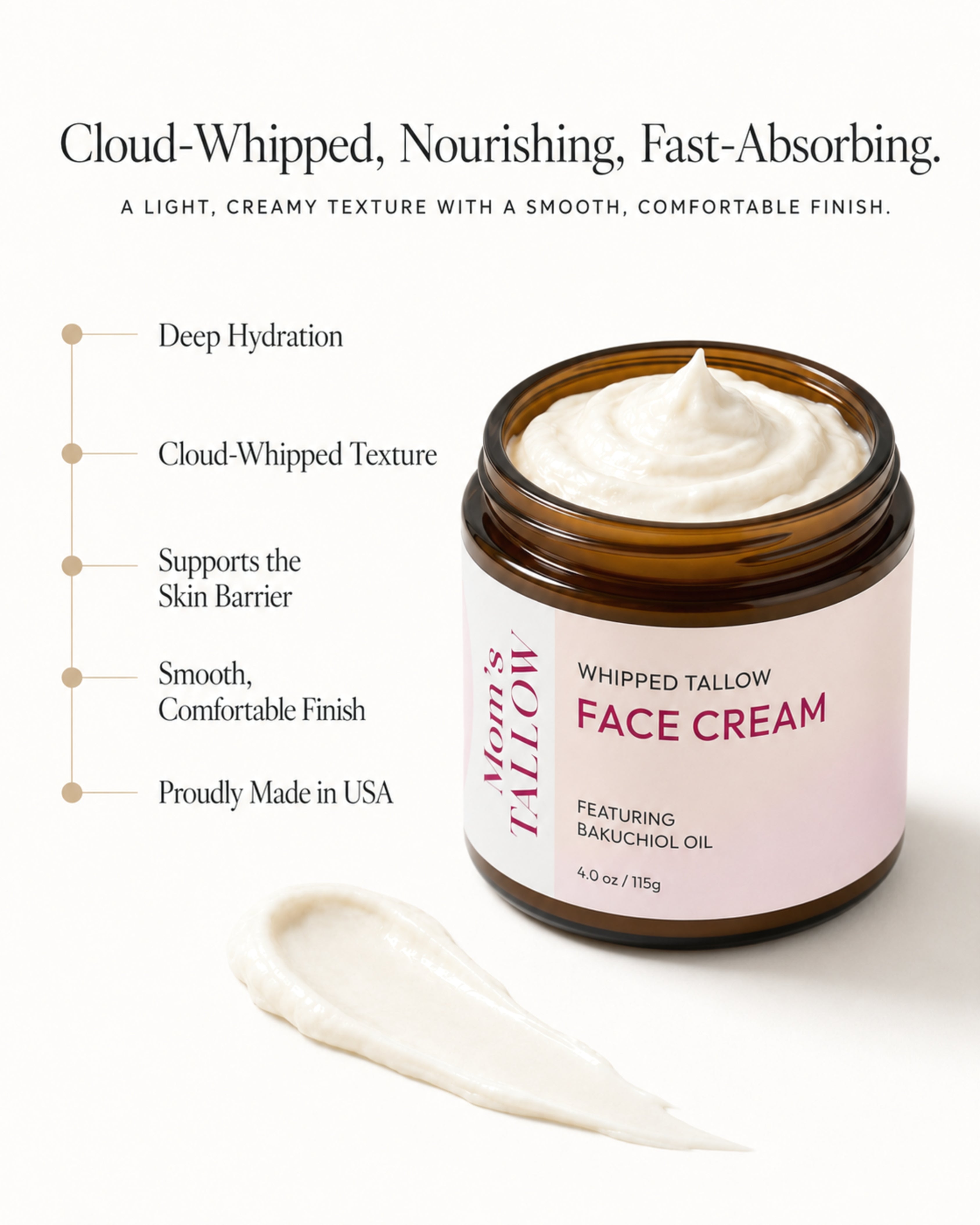 Mom’s Tallow Whipped Tallow Face Cream with Bakuchiol Oil for deep hydration and skin barrier support