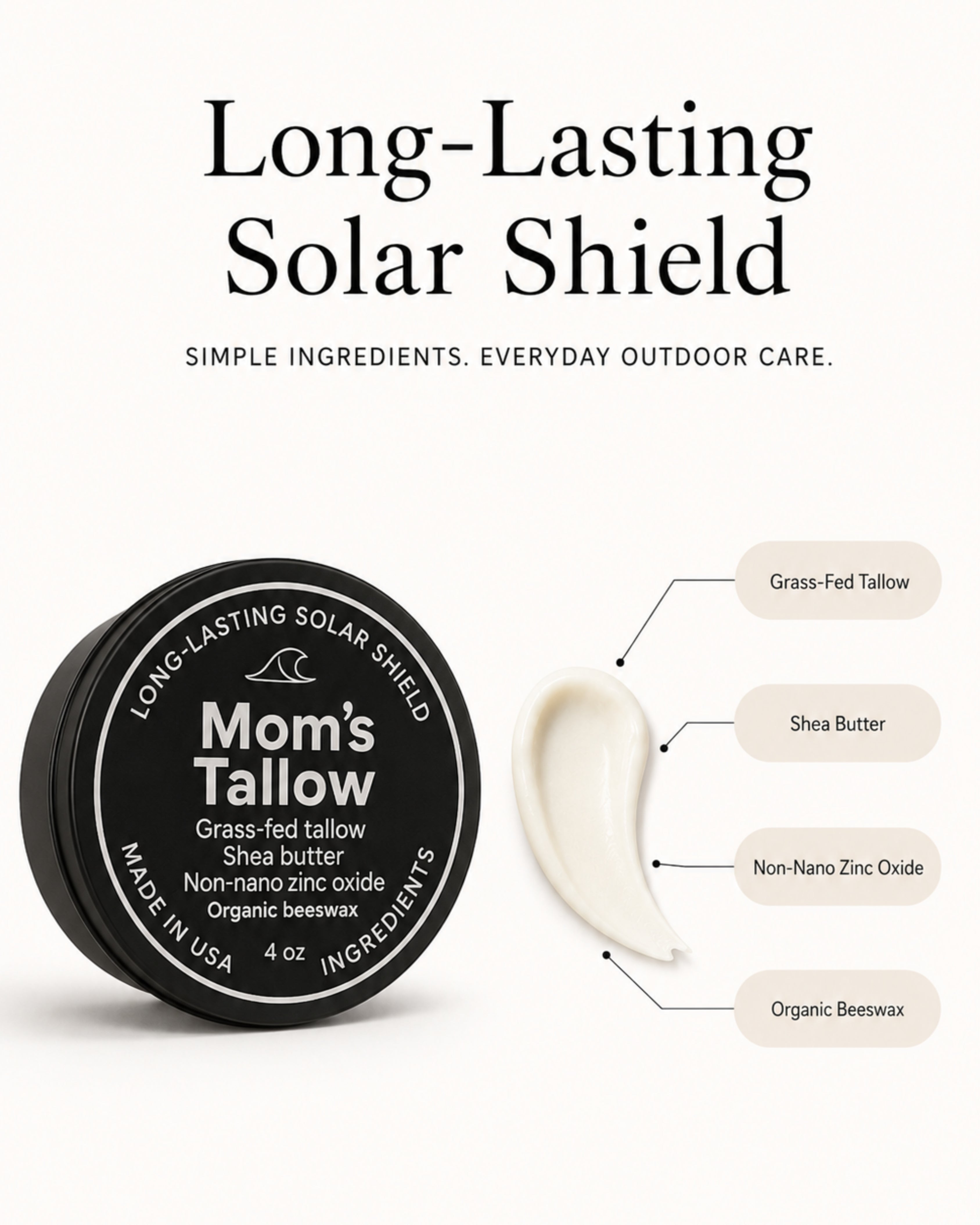 Mom’s Tallow Long-Lasting Solar Shield with grass-fed tallow, shea butter, non-nano zinc oxide and organic beeswax 