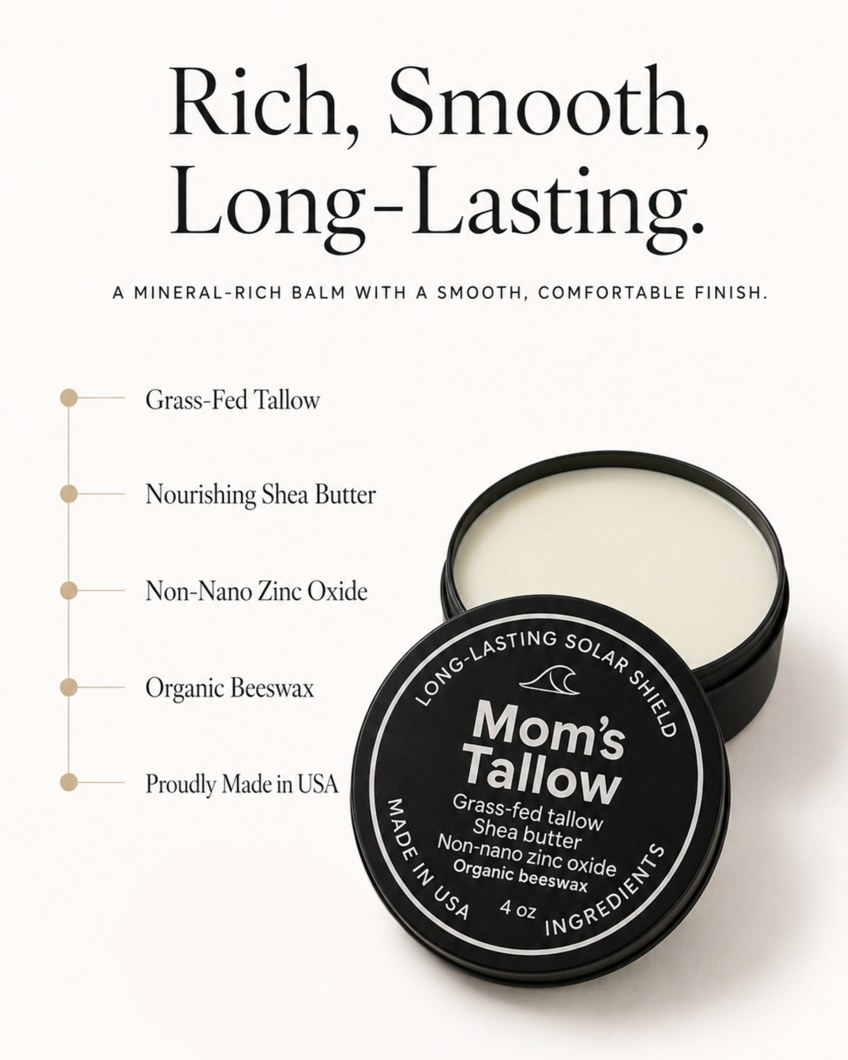 Mom’s Tallow Long-Lasting Solar Shield mineral balm with grass-fed tallow, shea butter, non-nano zinc oxide and organic beeswax