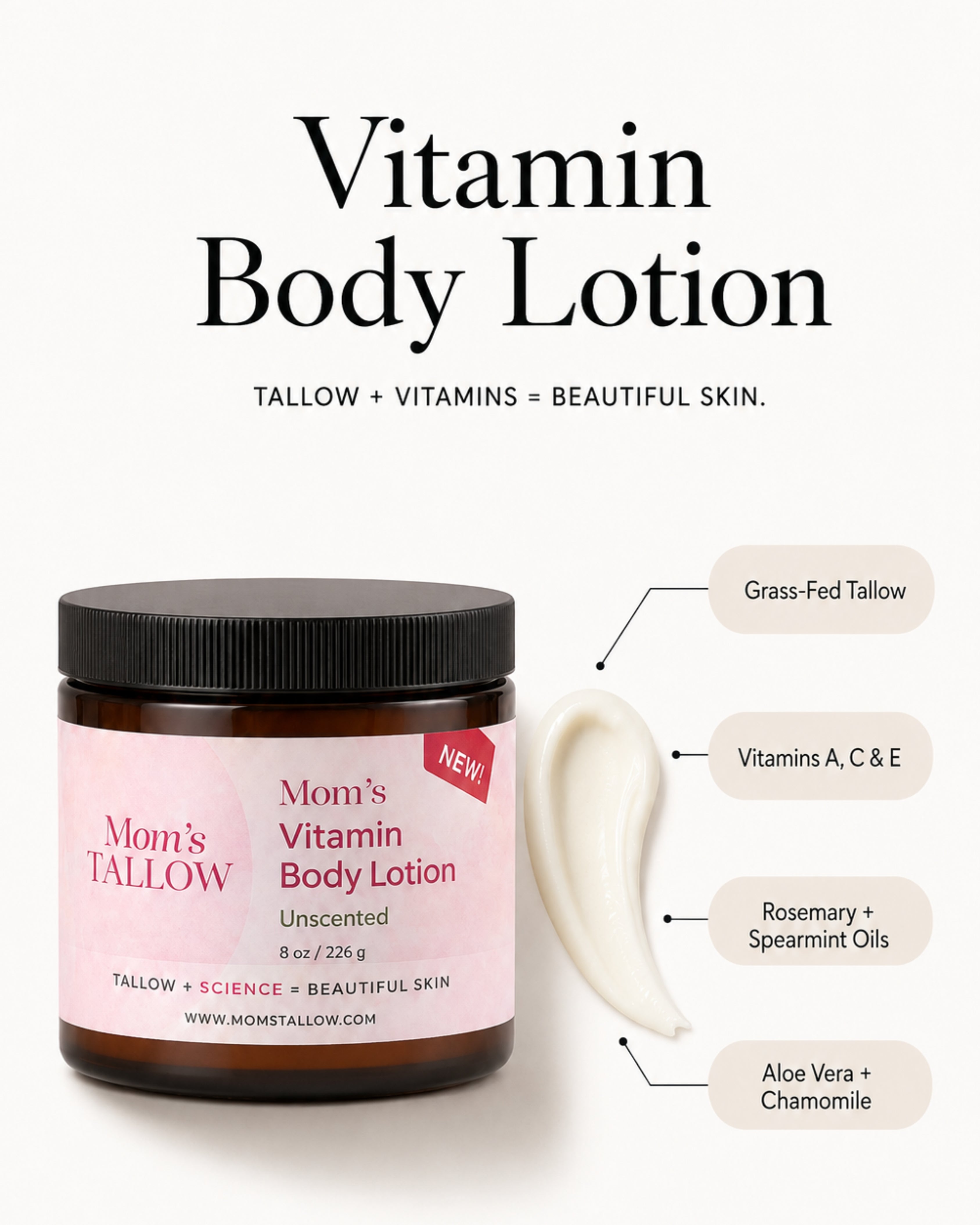 Mom’s Tallow Vitamin Body Lotion with grass-fed tallow, vitamins A, C and E, rosemary, spearmint, aloe vera and chamomile