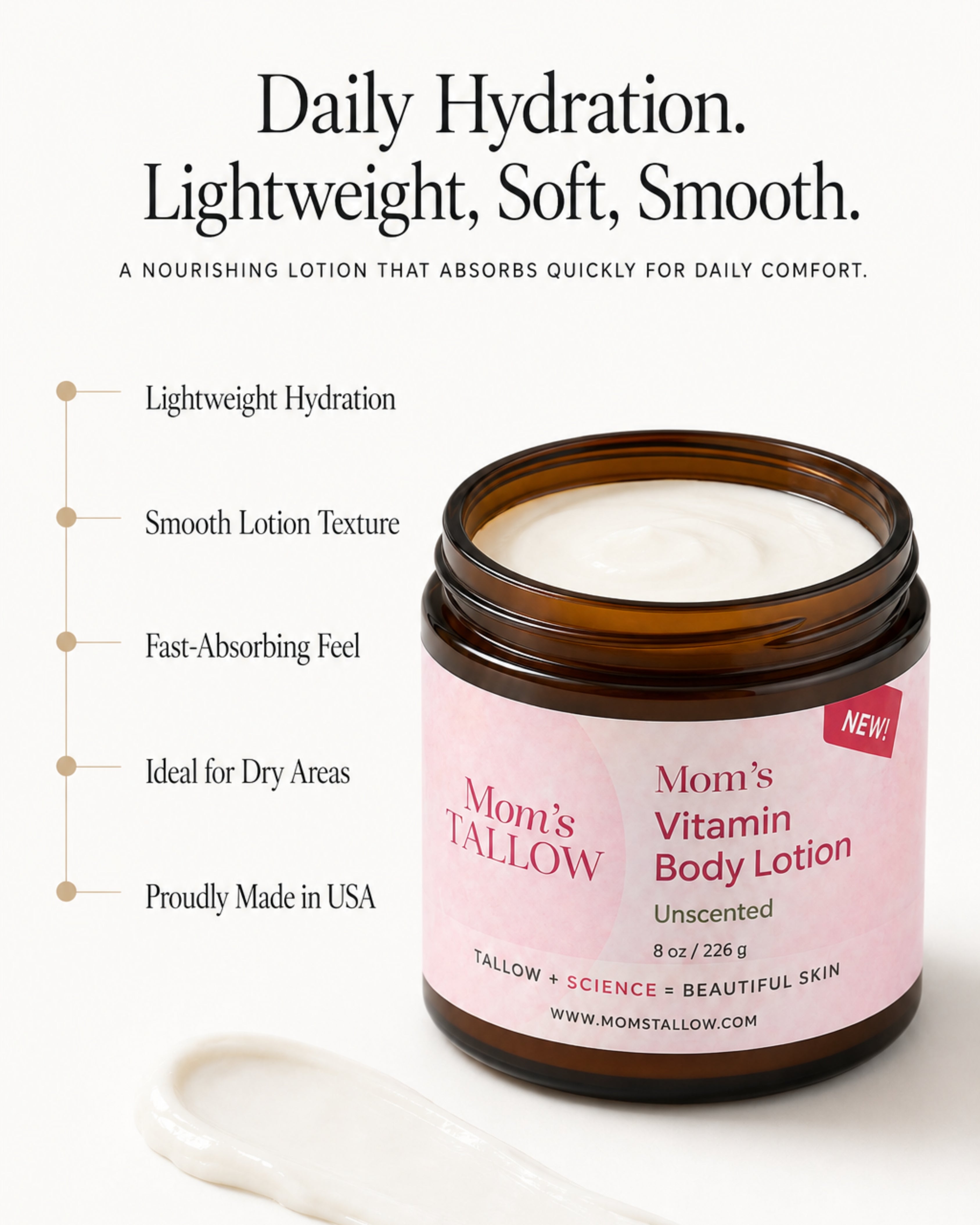 Mom’s Tallow Vitamin Body Lotion for lightweight daily hydration, fast absorption and soft smooth skin