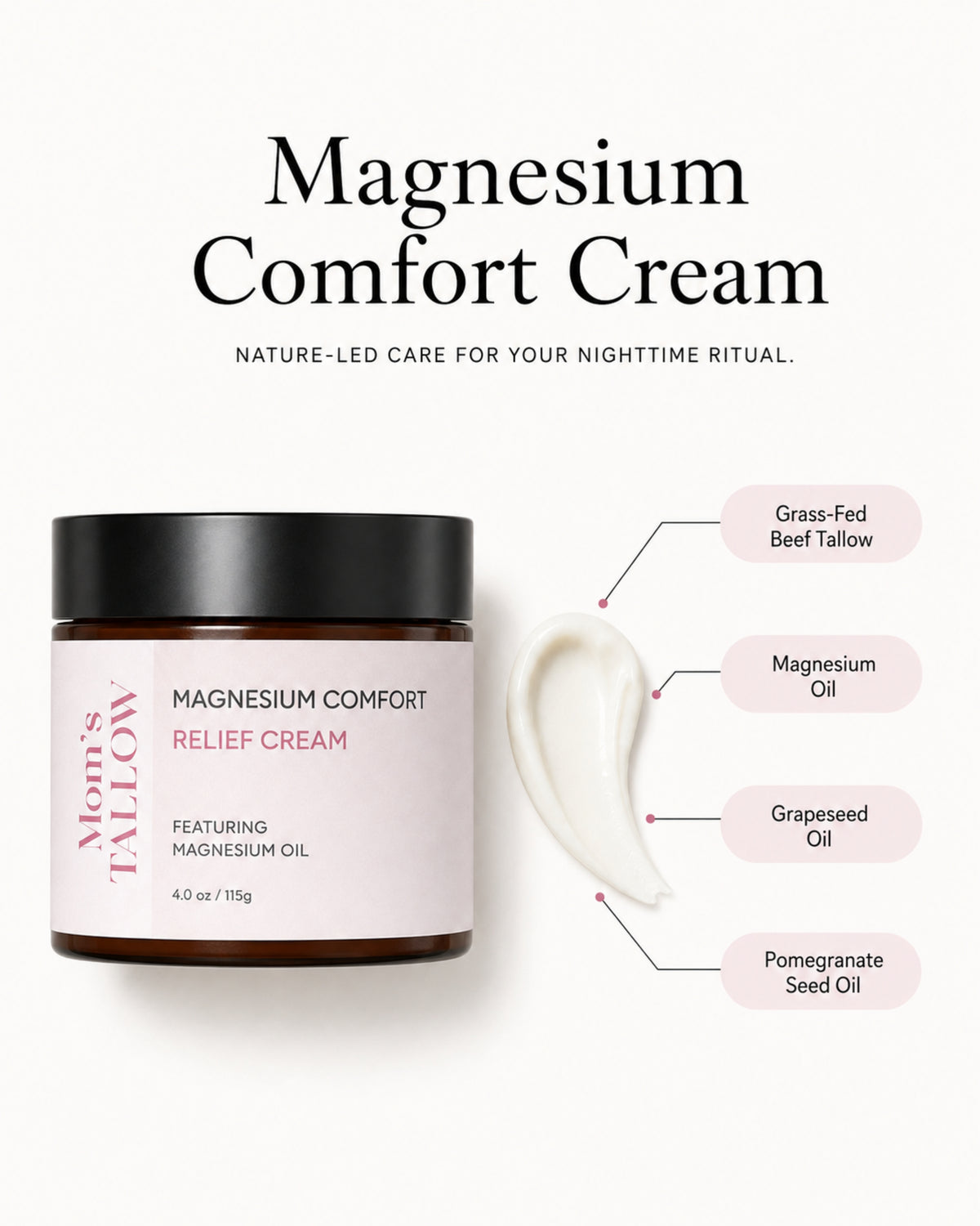 Mom’s Tallow Magnesium Comfort Cream with grass-fed beef tallow, magnesium oil, grapeseed oil and pomegranate seed oil