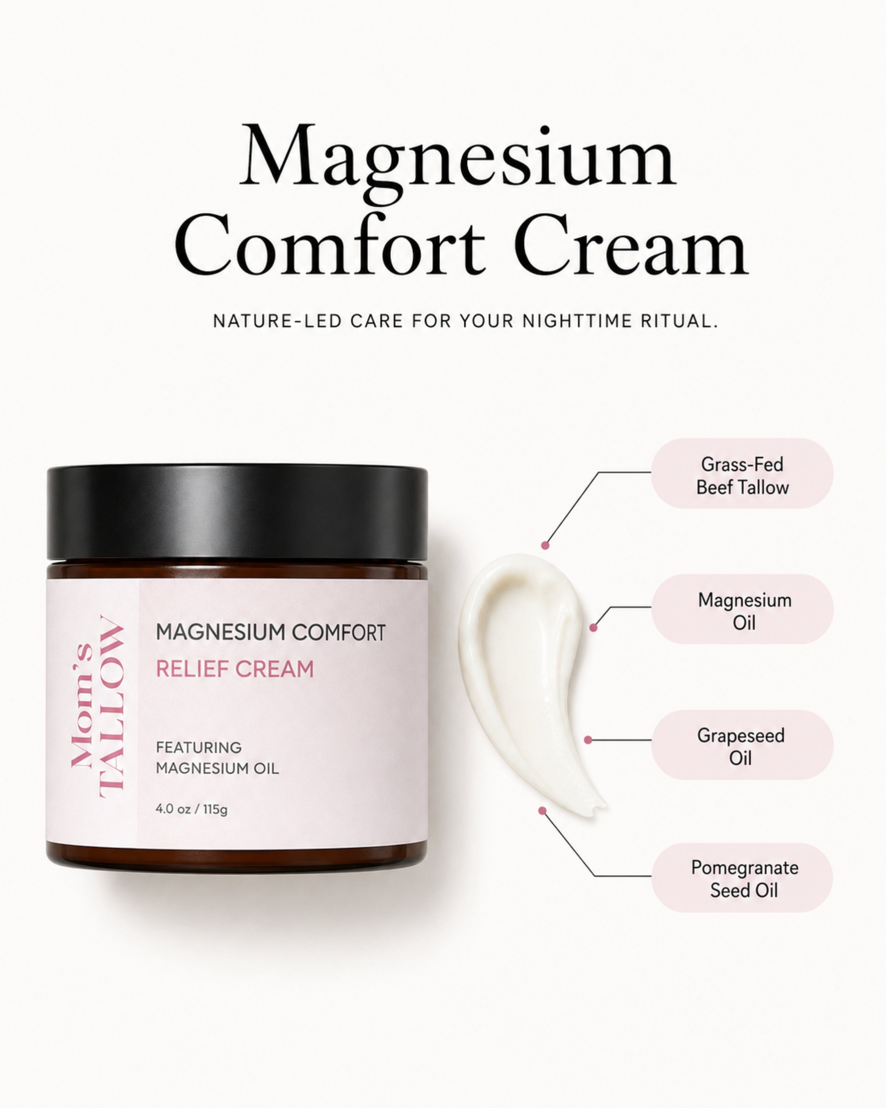 Mom’s Tallow Magnesium Comfort Cream with grass-fed beef tallow, magnesium oil, grapeseed oil and pomegranate seed oil