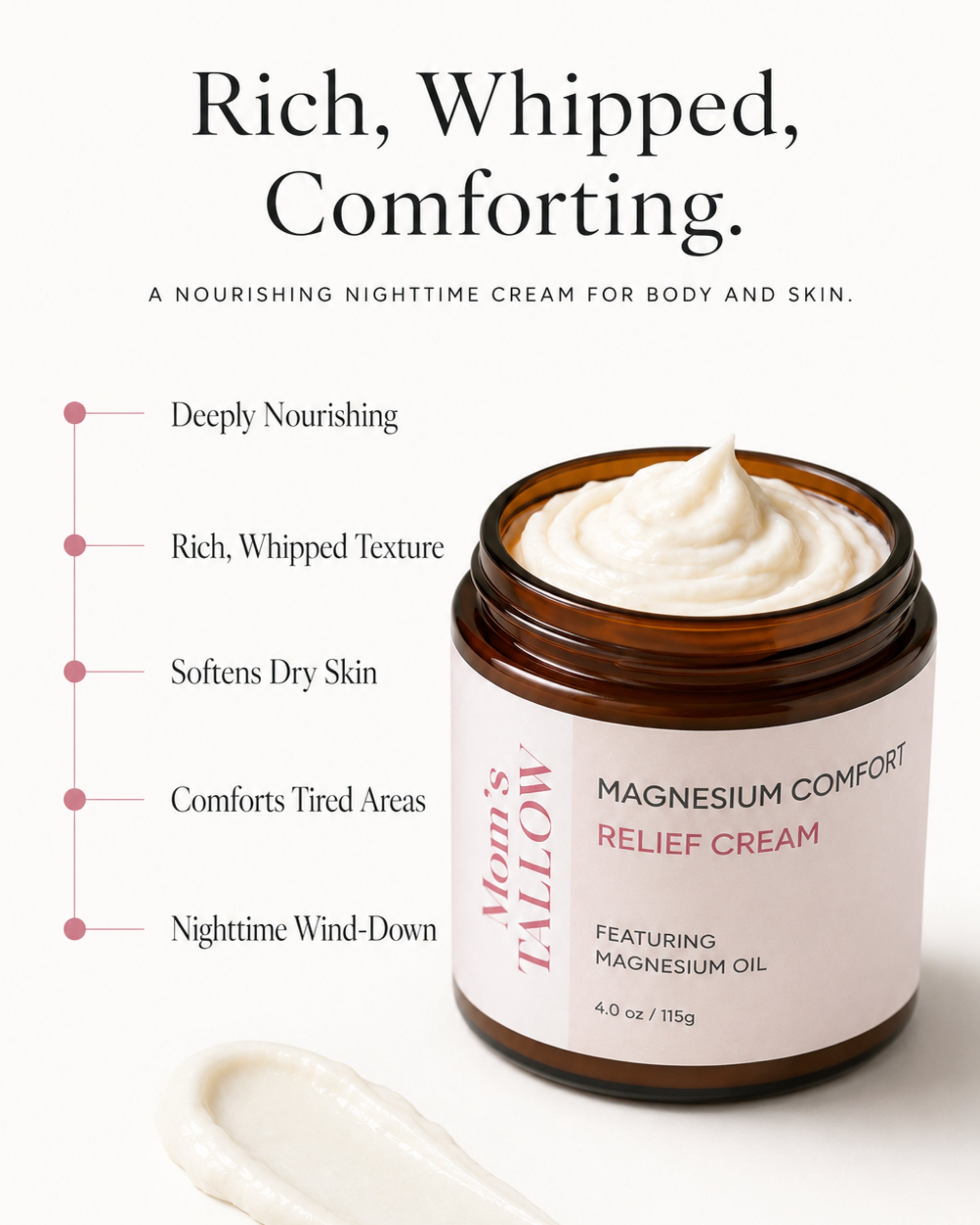 Mom’s Tallow Magnesium Comfort Relief Cream for deep nourishment, dry skin softness, tired areas and nighttime body care