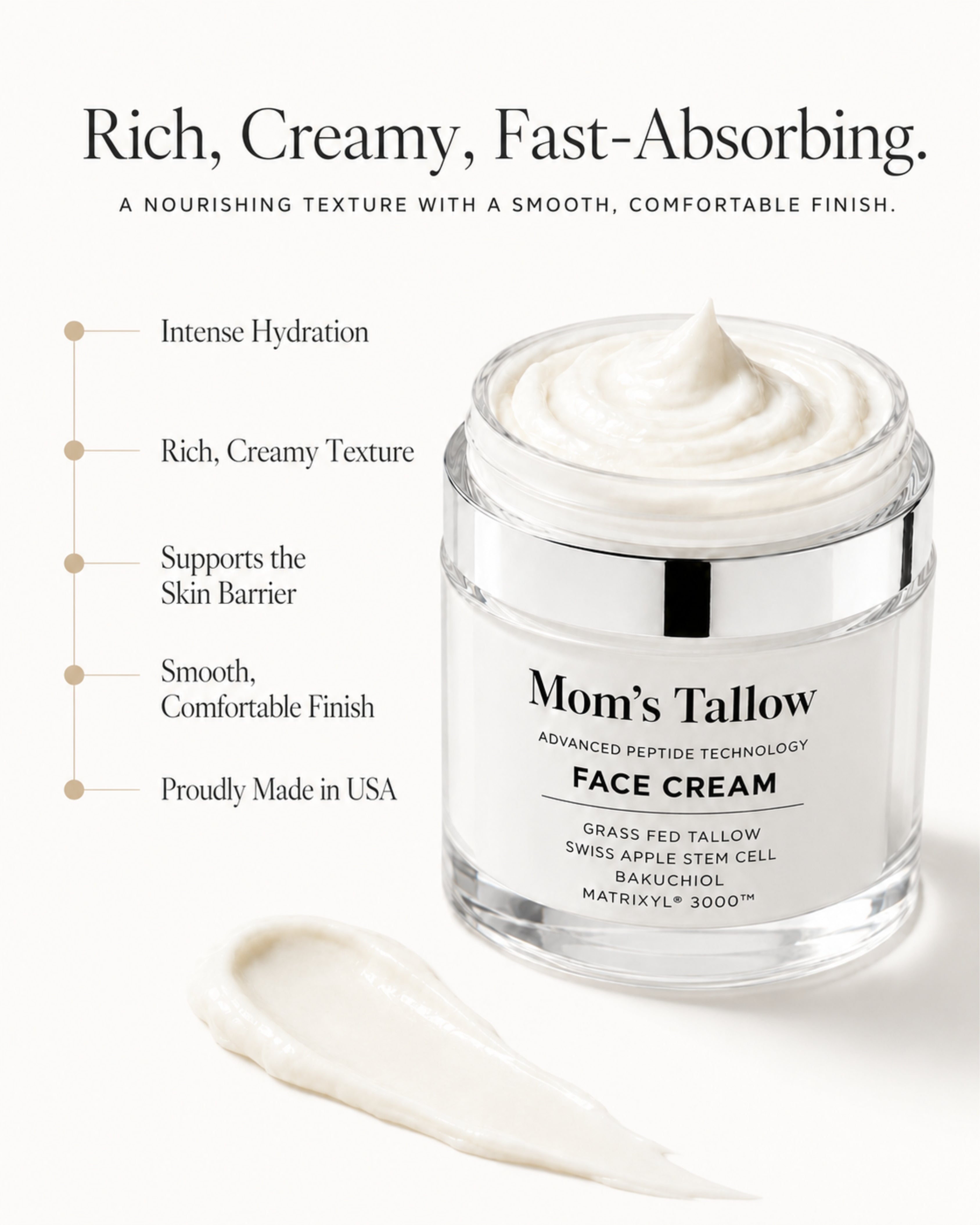 Mom’s Tallow Advanced Peptide Face Cream showing rich creamy texture with hydration and skin barrier benefits