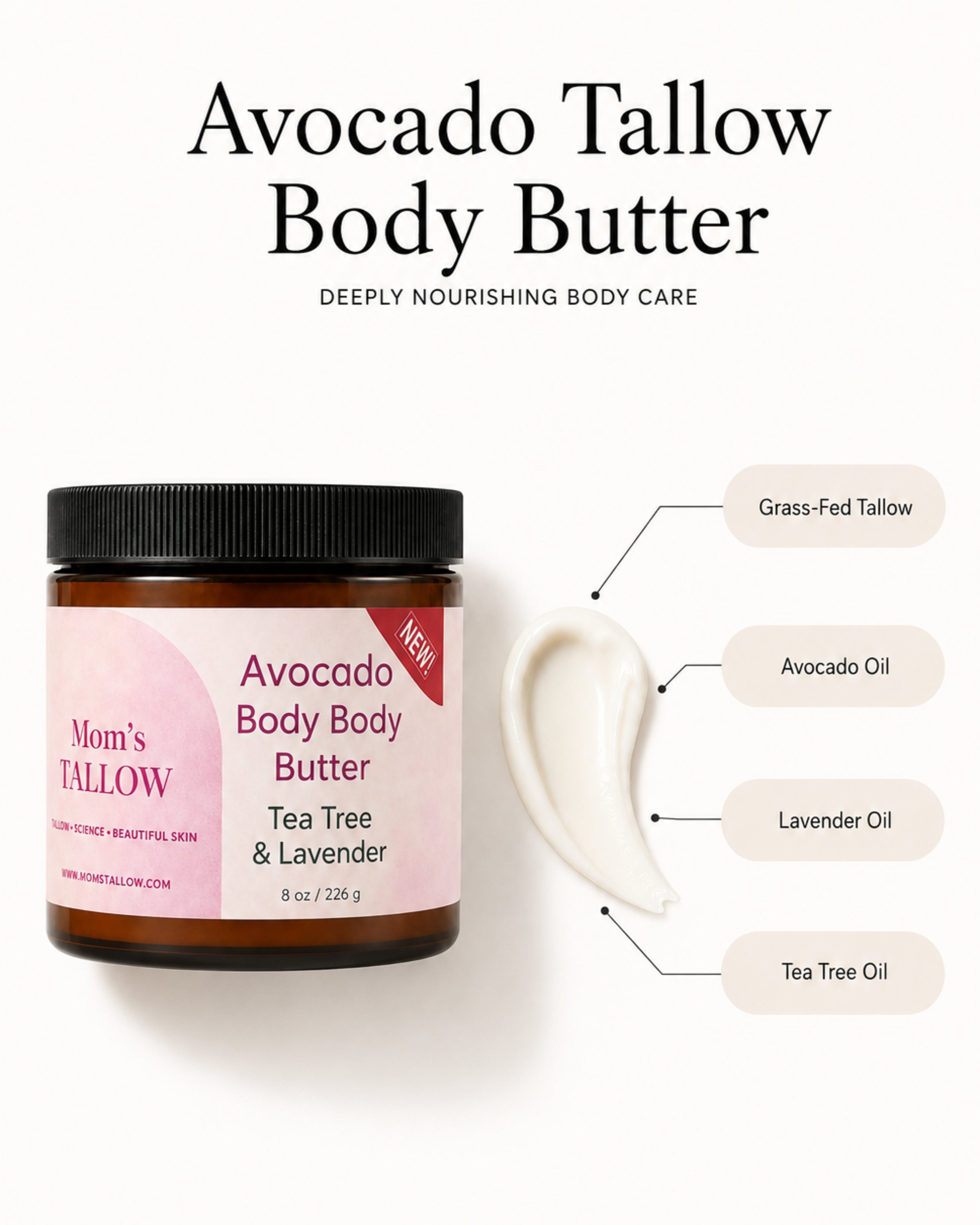 Mom’s Tallow Avocado Tallow Body Butter with grass-fed tallow, avocado oil, lavender oil and tea tree oil
