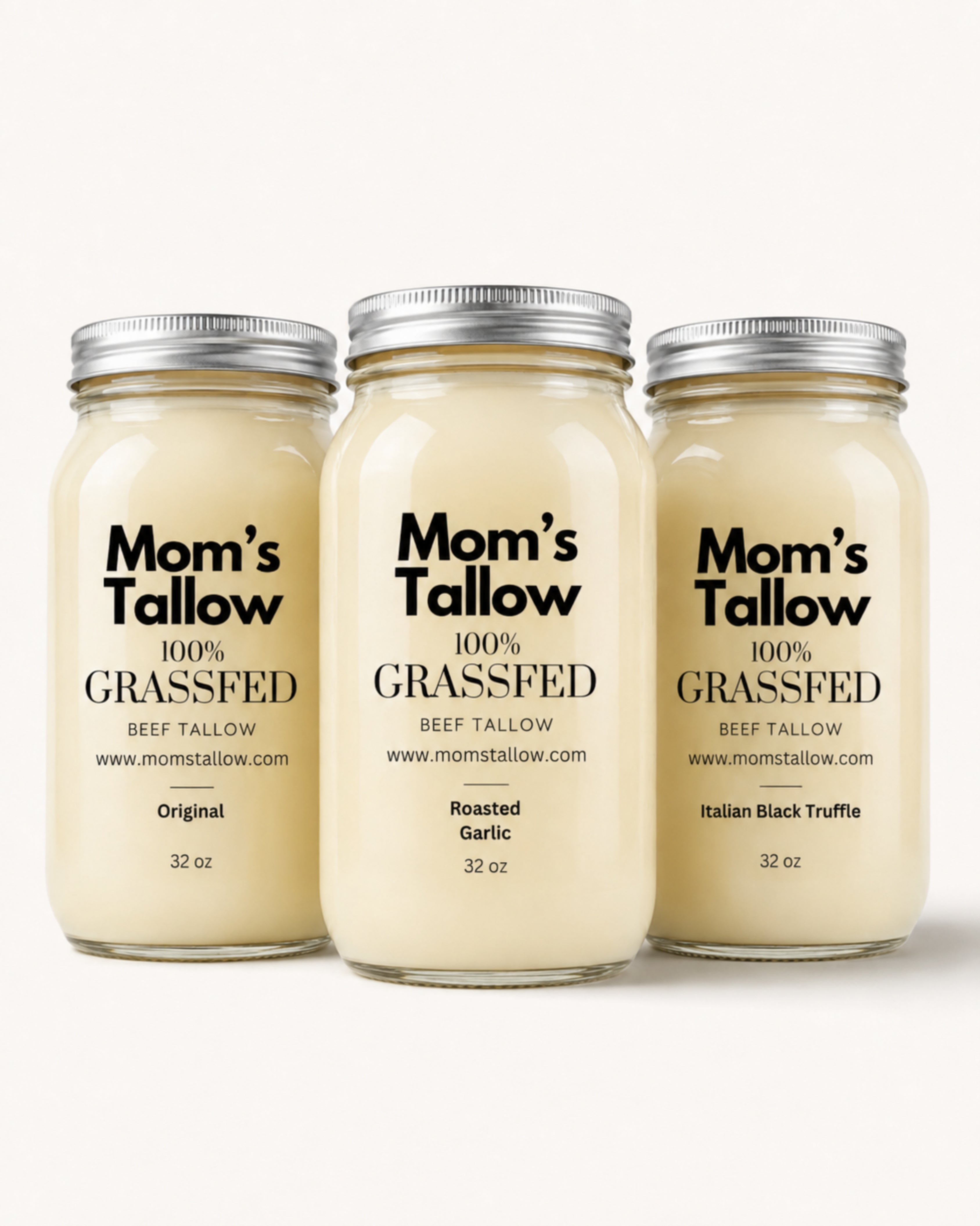 Mom’s Tallow Super Saver Combo Pack with Original Grass-Fed Beef Tallow, Roasted Garlic Tallow and Italian Black Truffle Tallow – 32 oz jars