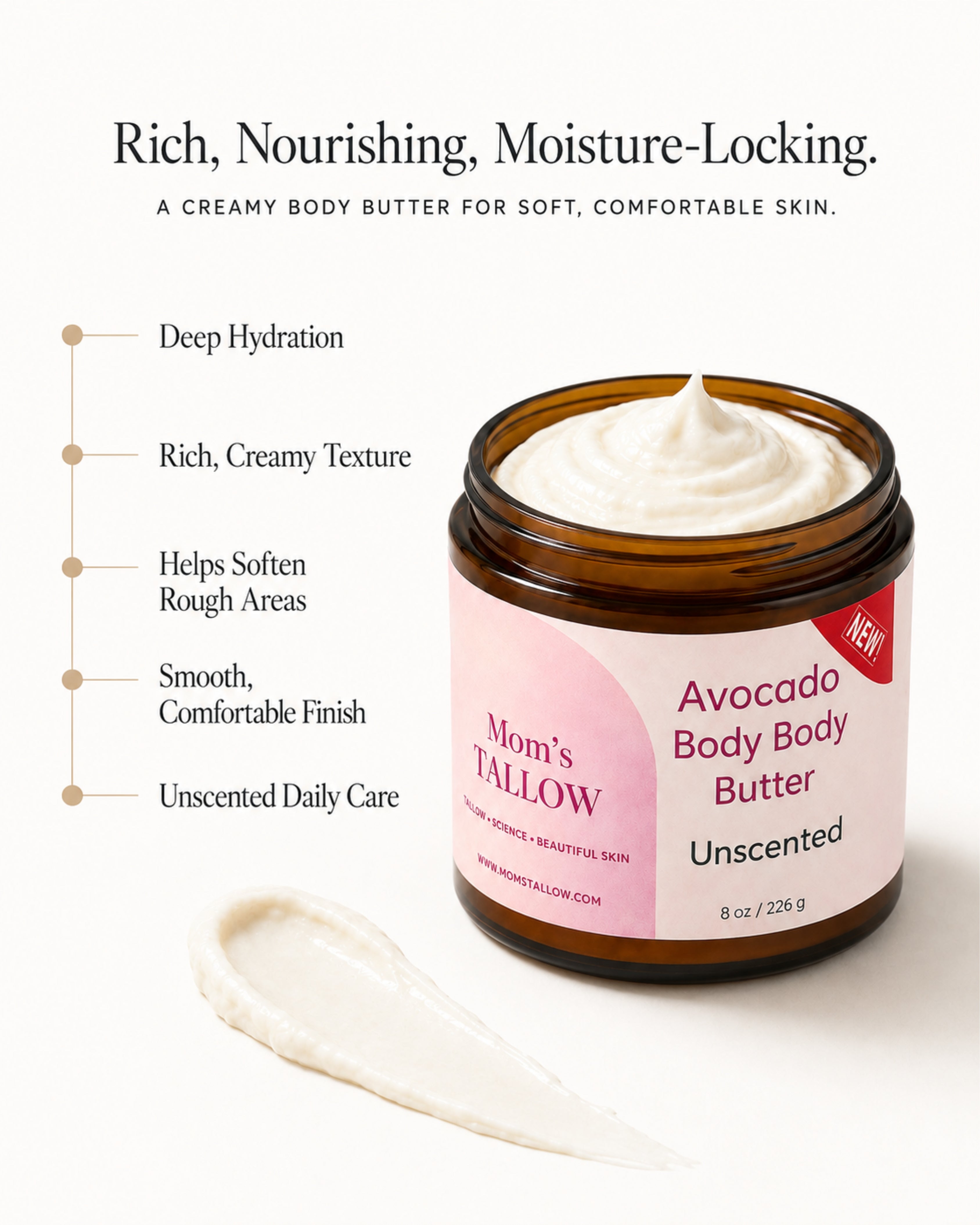 Mom’s Tallow Avocado Tallow Body Butter for deep hydration, softening rough dry skin and long-lasting moisture