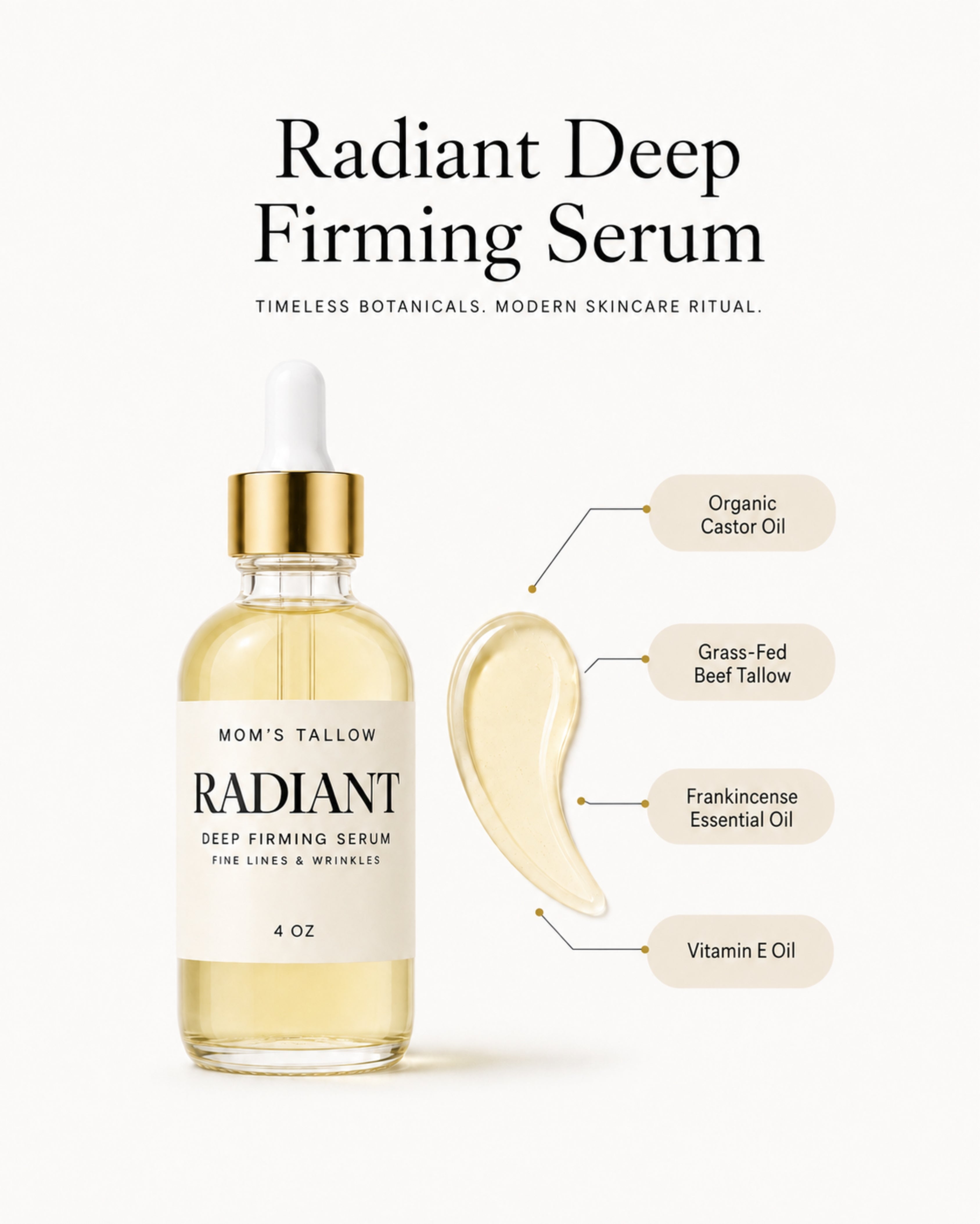Mom’s Tallow Radiant Deep Firming Serum with organic castor oil, grass-fed tallow, frankincense essential oil and vitamin E