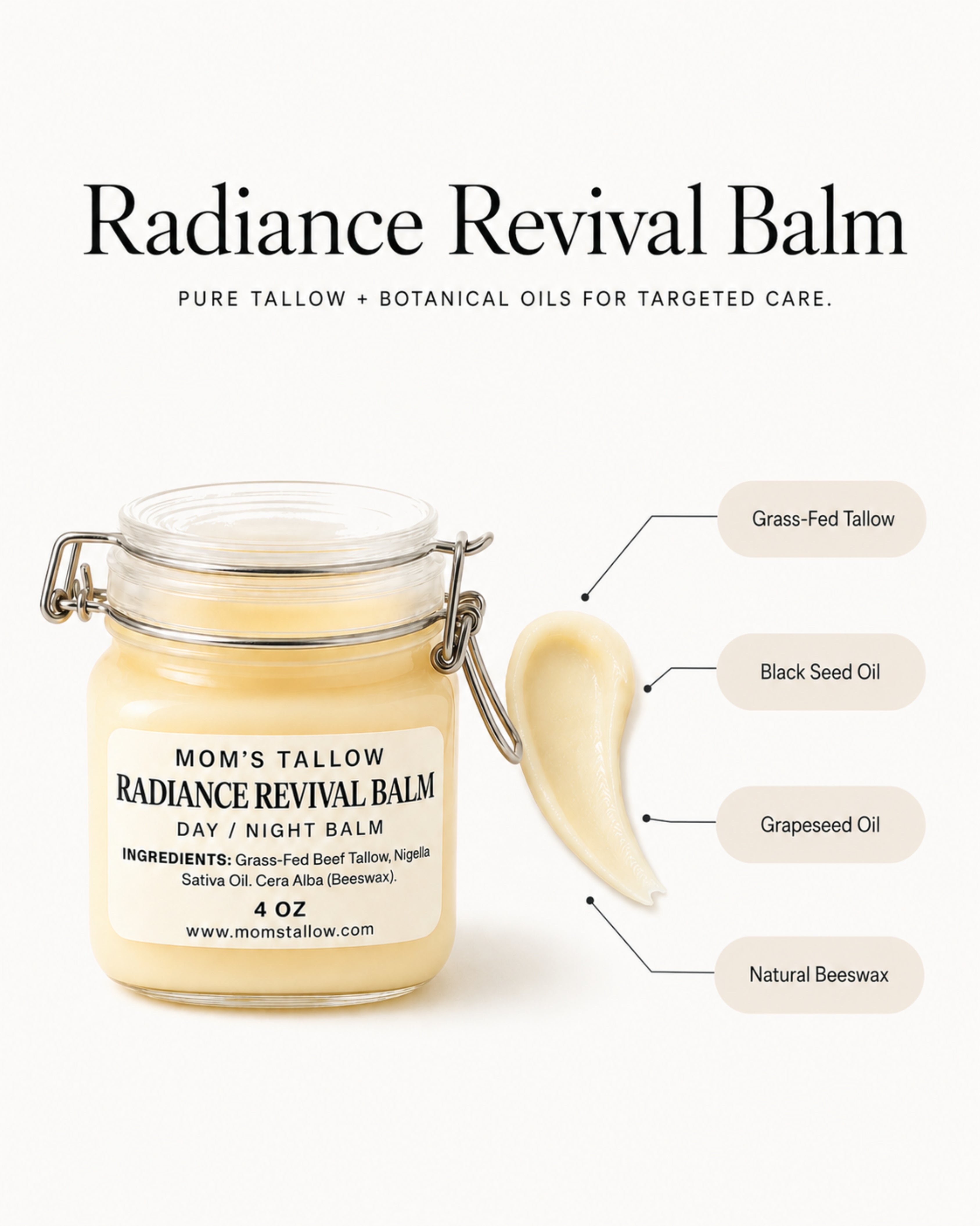 Mom’s Tallow Radiance Revival Balm with grass-fed tallow, black seed oil, grapeseed oil and natural beeswax