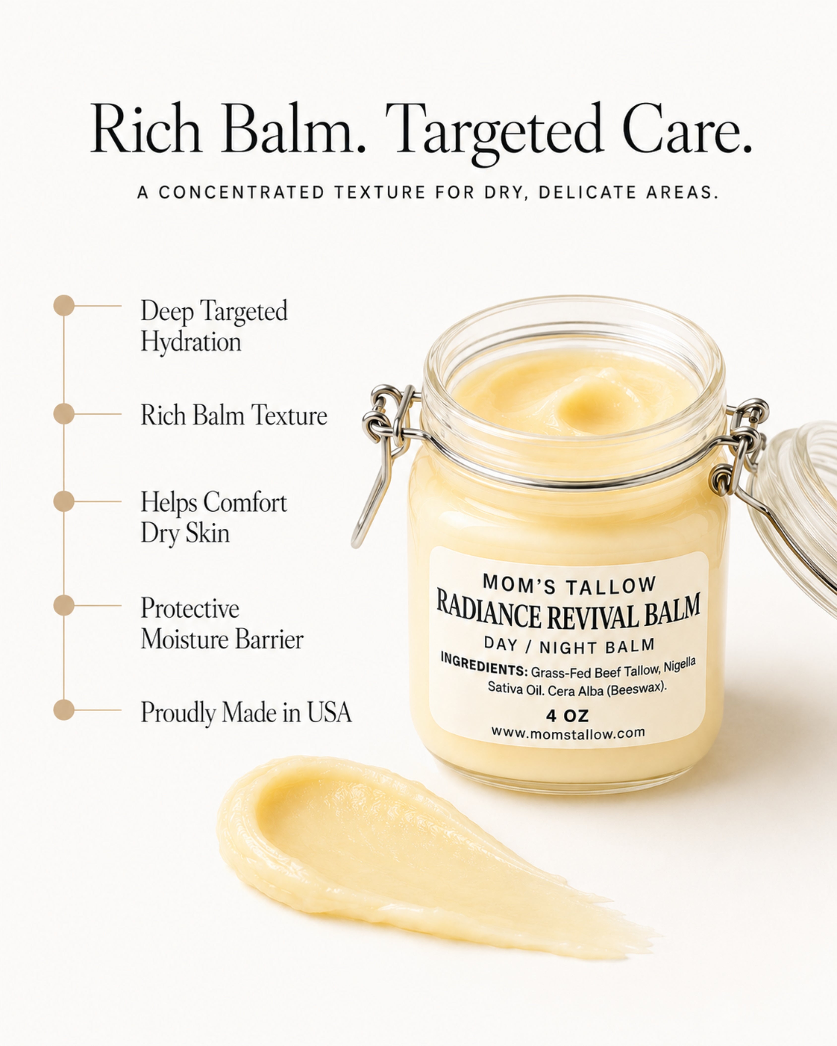 Mom’s Tallow Radiance Revival Balm for deep targeted hydration, dry skin comfort and protective moisture barrier support