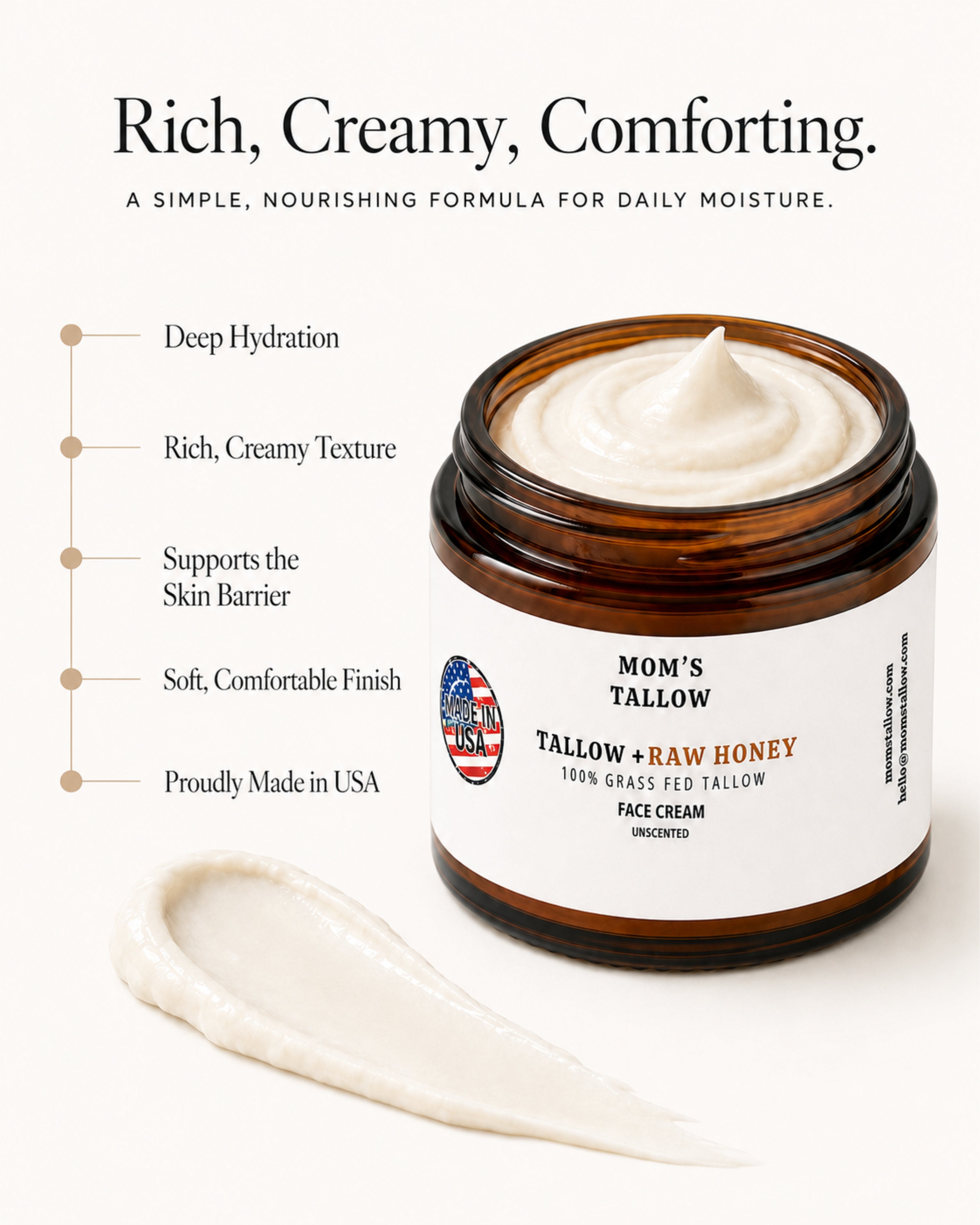 Mom’s Tallow Raw Honey + Tallow Face Cream for deep hydration, skin barrier support and dry sensitive skin