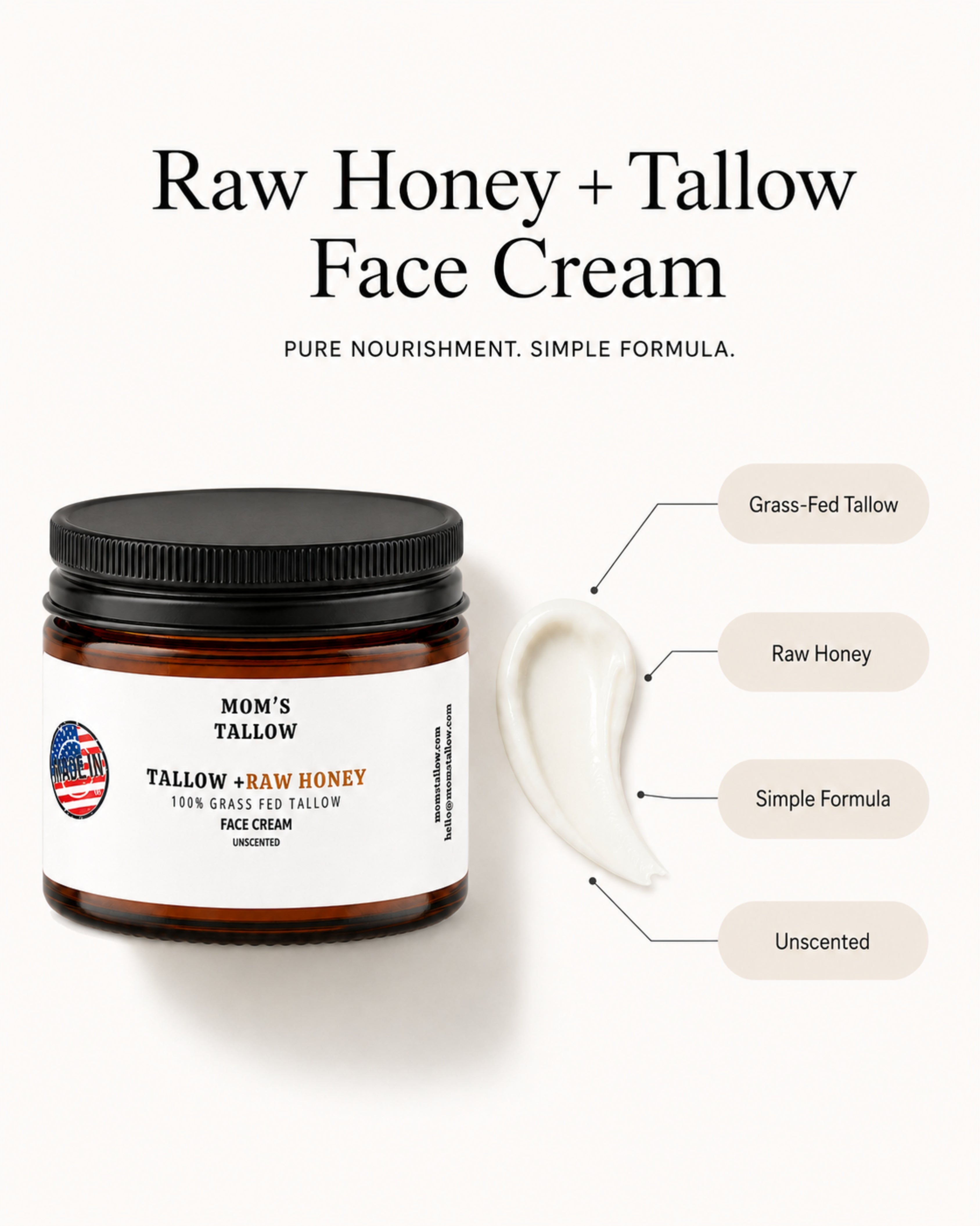 Mom’s Tallow Raw Honey + Tallow Face Cream with grass-fed tallow and raw honey for sensitive, dry skin