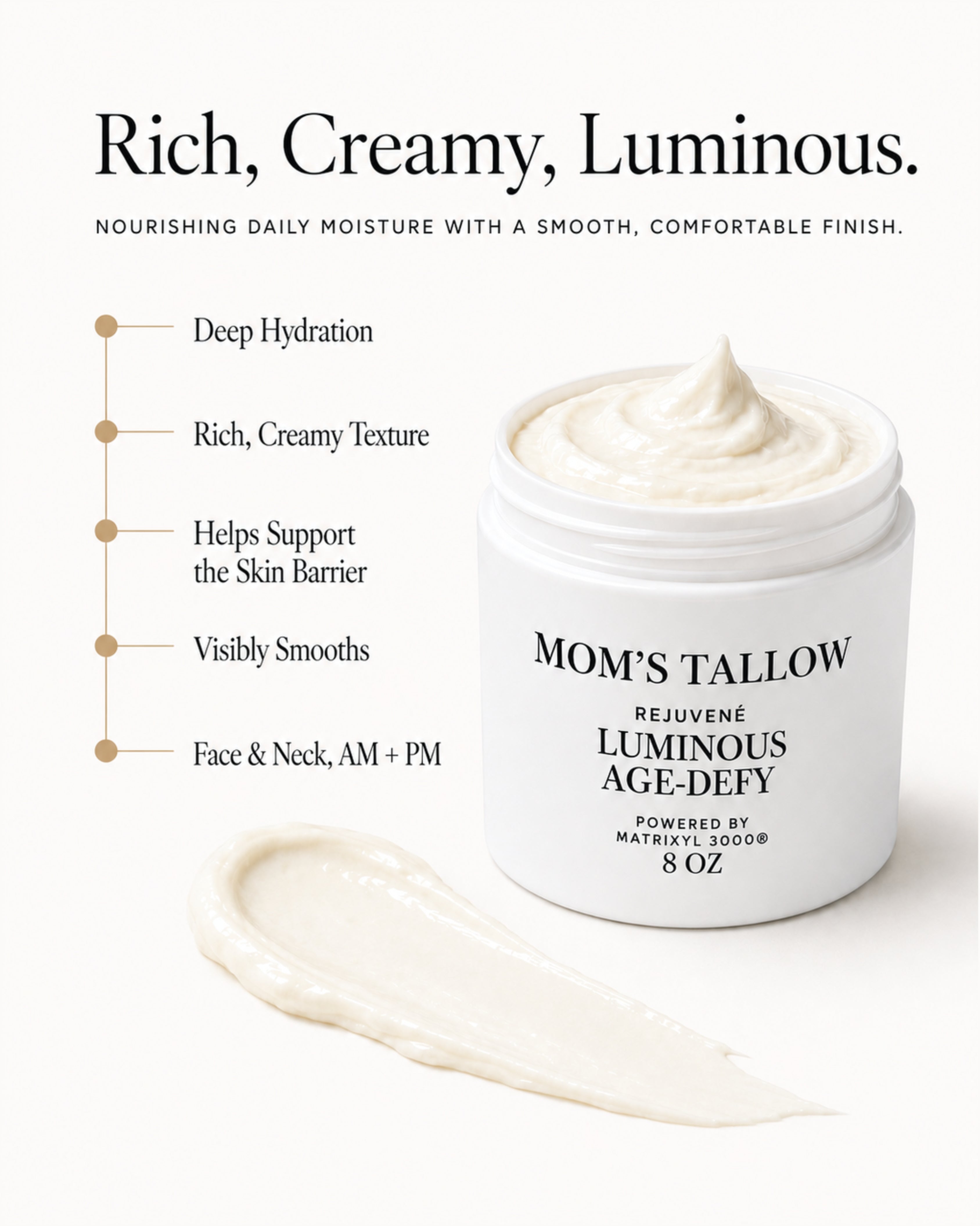 Mom’s Tallow Rejuvené Luminous Age-Defy Cream for deep hydration, skin barrier support and visibly smoother skin