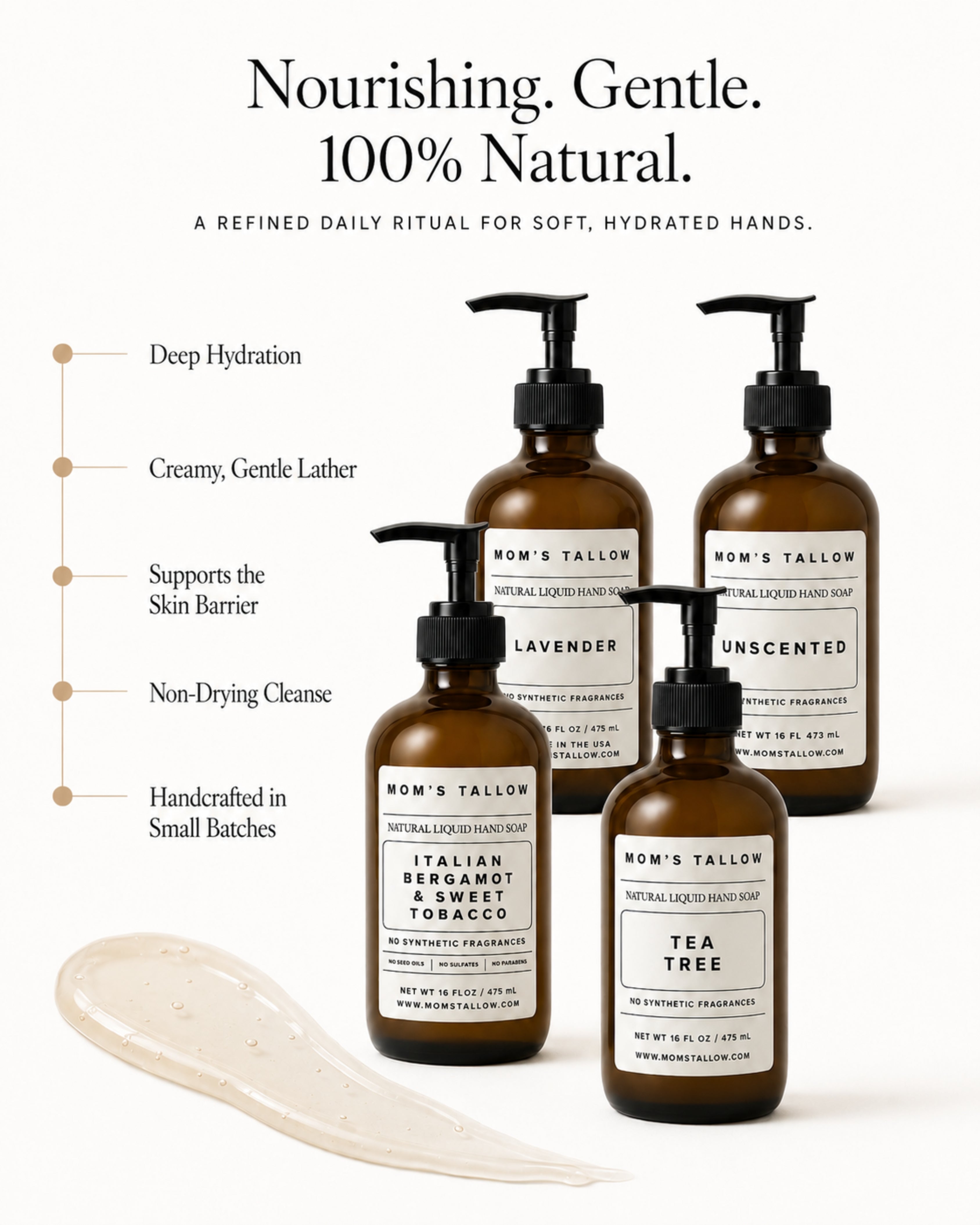 Mom’s Tallow Estate Signature Set natural liquid hand soaps for gentle cleansing, deep hydration and skin barrier support