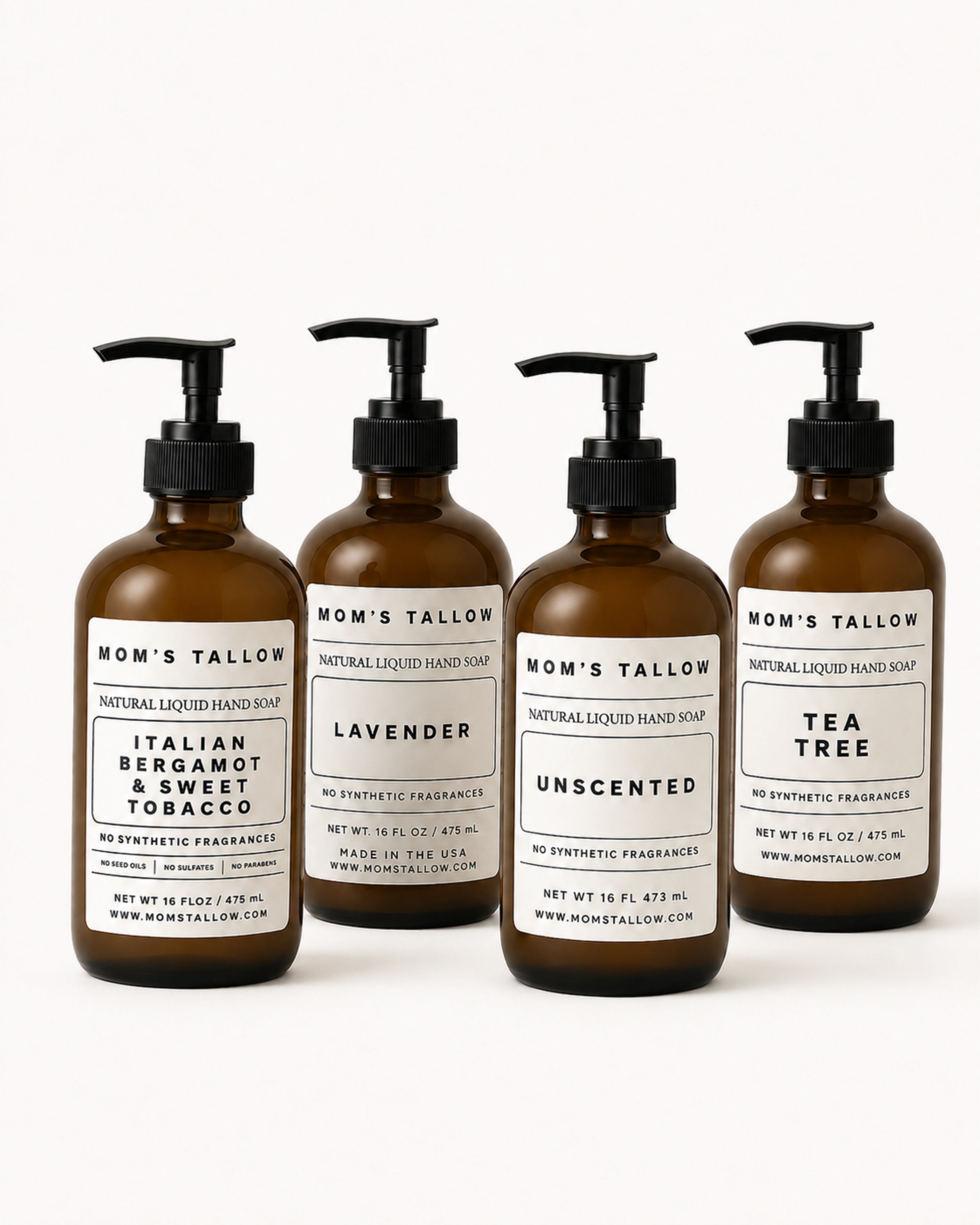 Mom’s Tallow Estate Signature Set natural liquid hand soap 4-pack with Italian Bergamot & Sweet Tobacco, Lavender, Unscented and Tea Tree