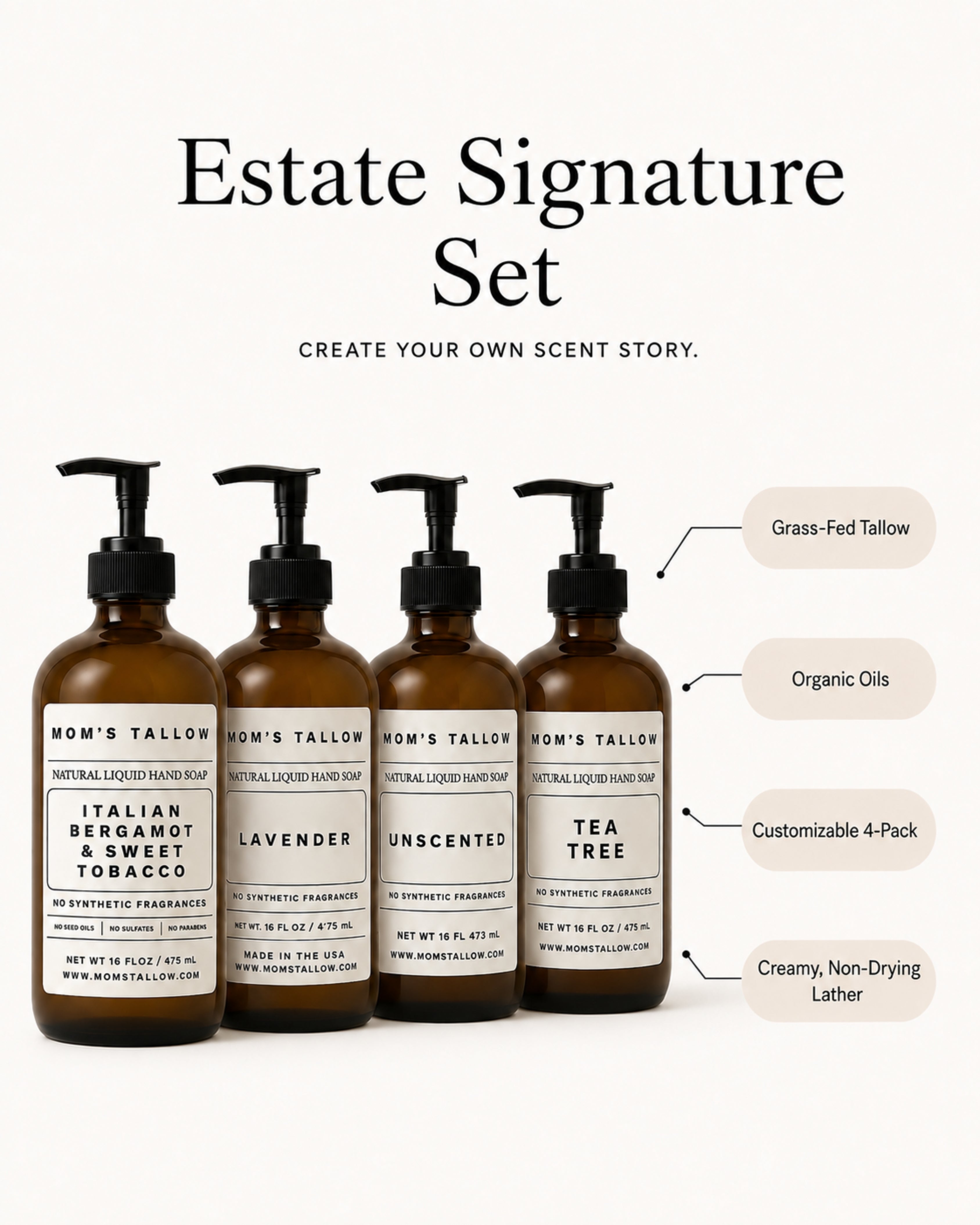 Mom’s Tallow Estate Signature Set natural liquid hand soap 4-pack with Italian Bergamot & Sweet Tobacco, Lavender, Unscented and Tea Tree