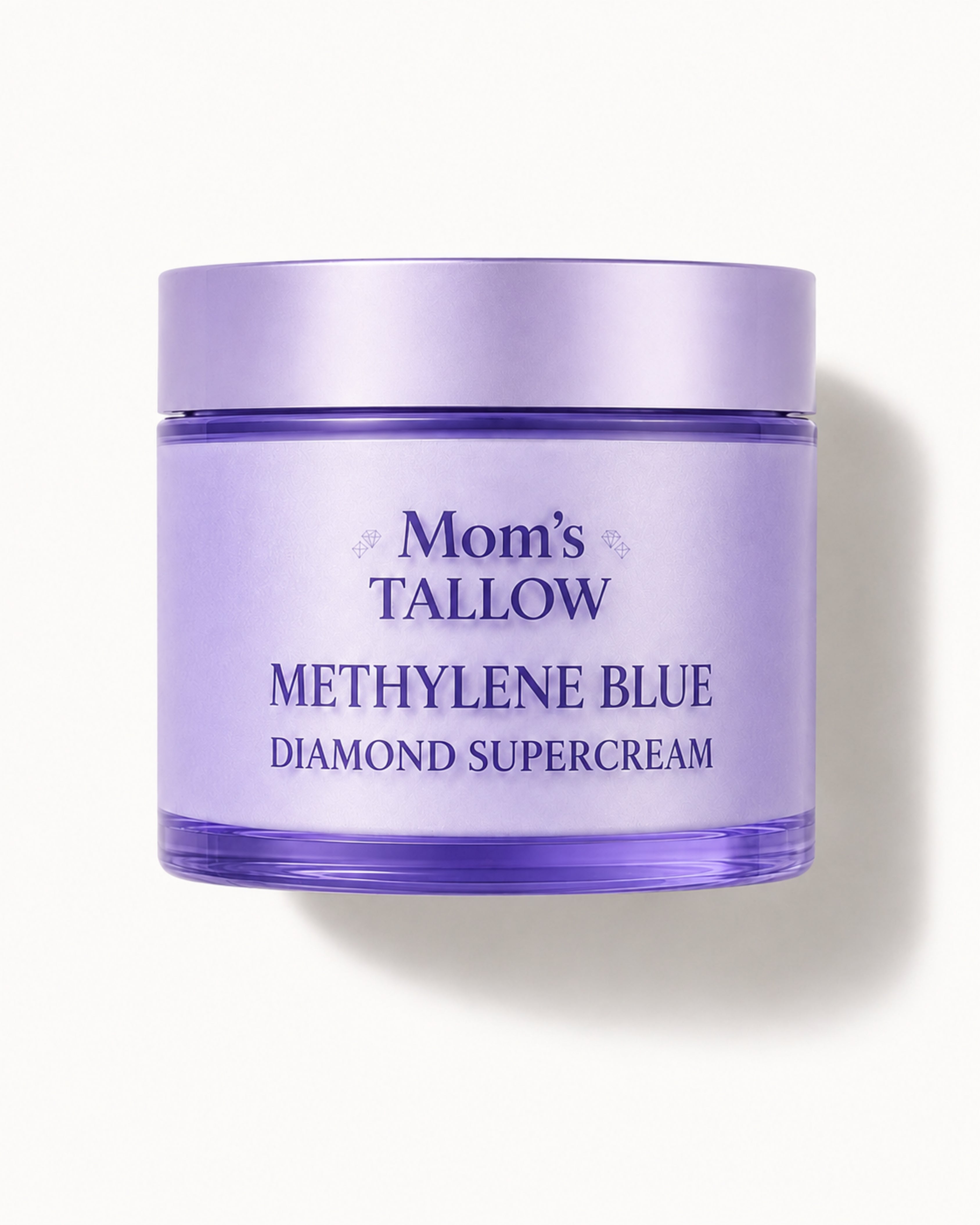 Mom’s Tallow Methylene Blue Diamond Supercream in a lavender purple jar on an off-white background with soft shadow