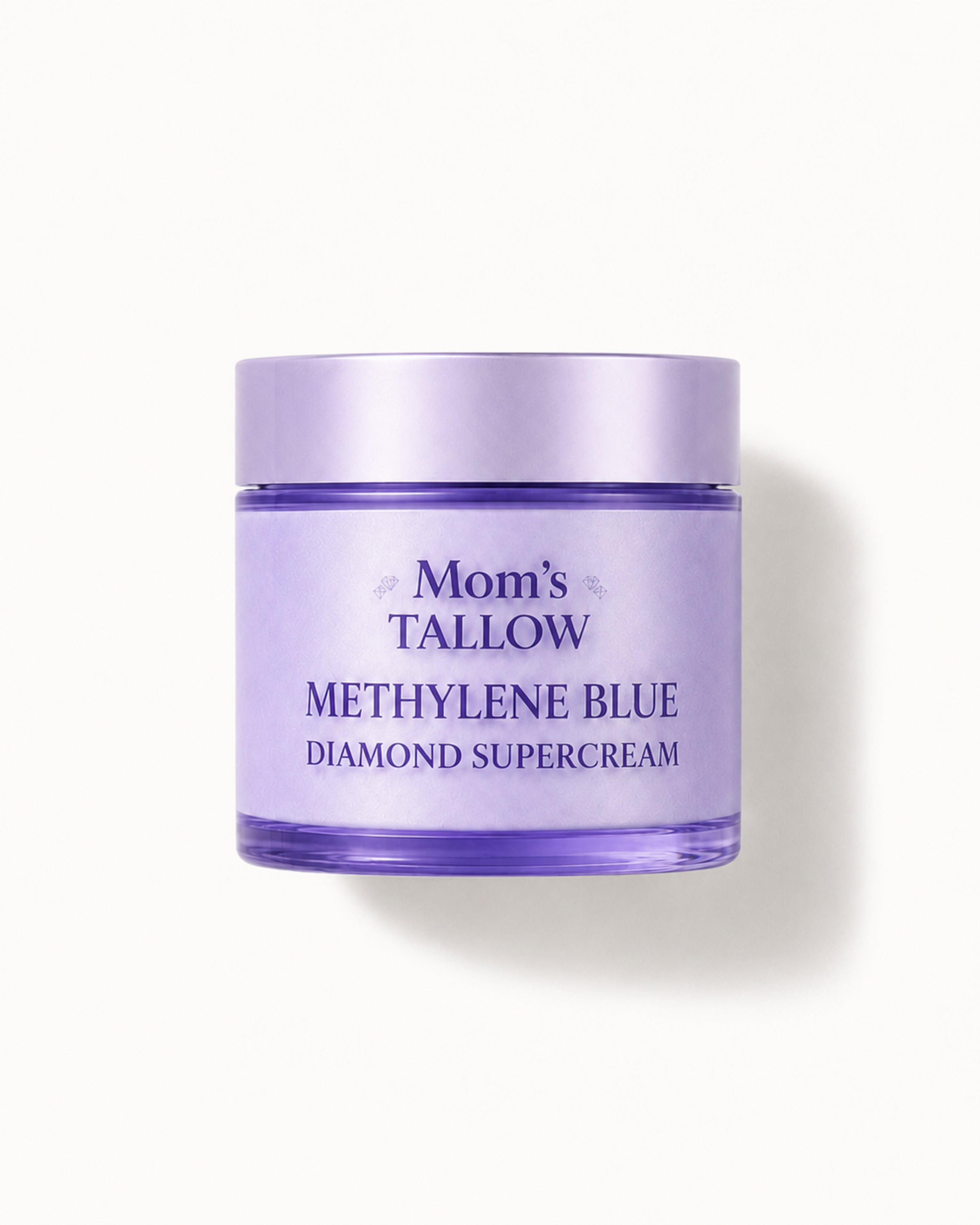Mom’s Tallow Methylene Blue Diamond Supercream in a lavender purple jar on an off-white background with soft shadow