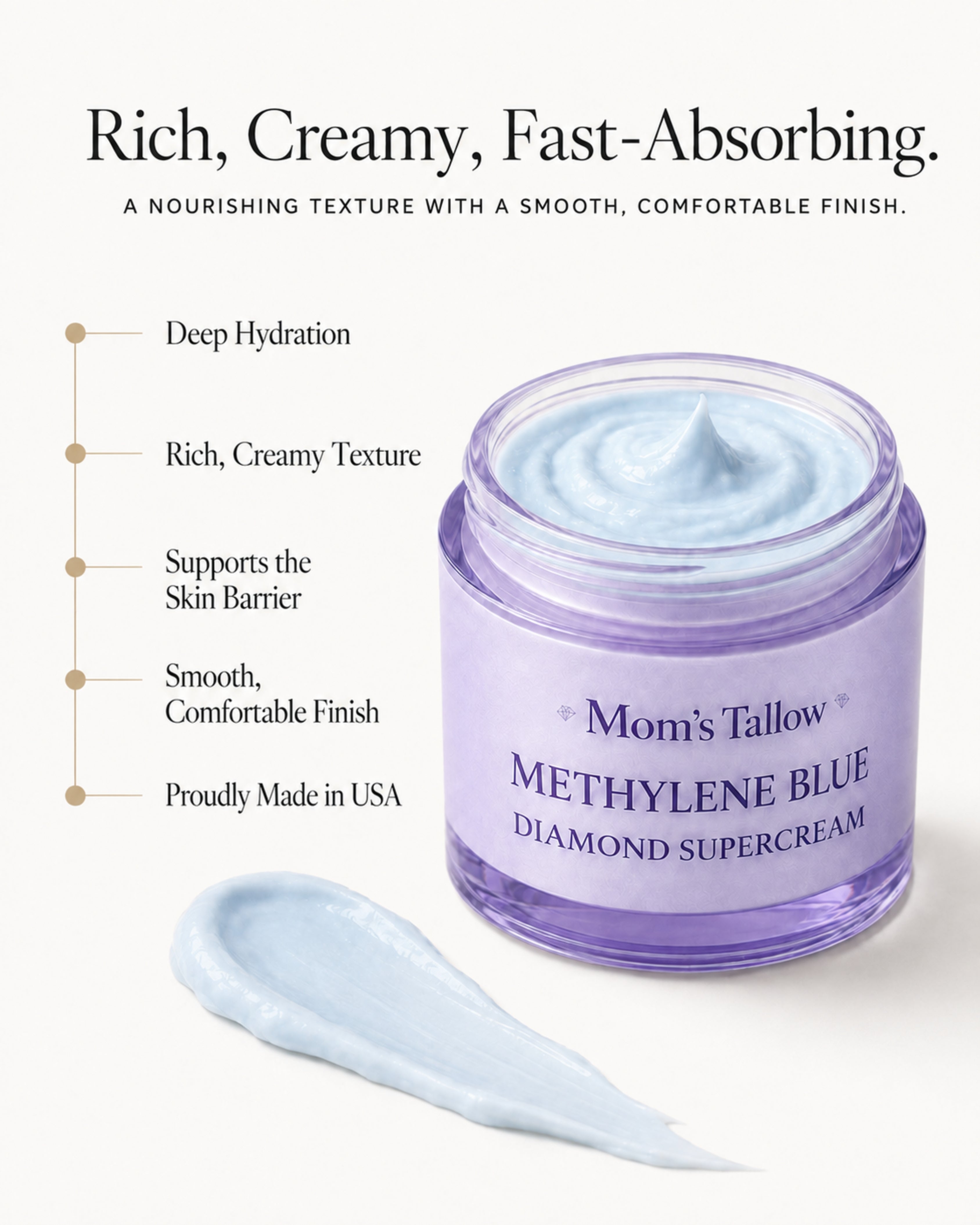 Mom’s Tallow Methylene Blue Diamond Supercream rich creamy tallow face cream for deep hydration and skin barrier support
