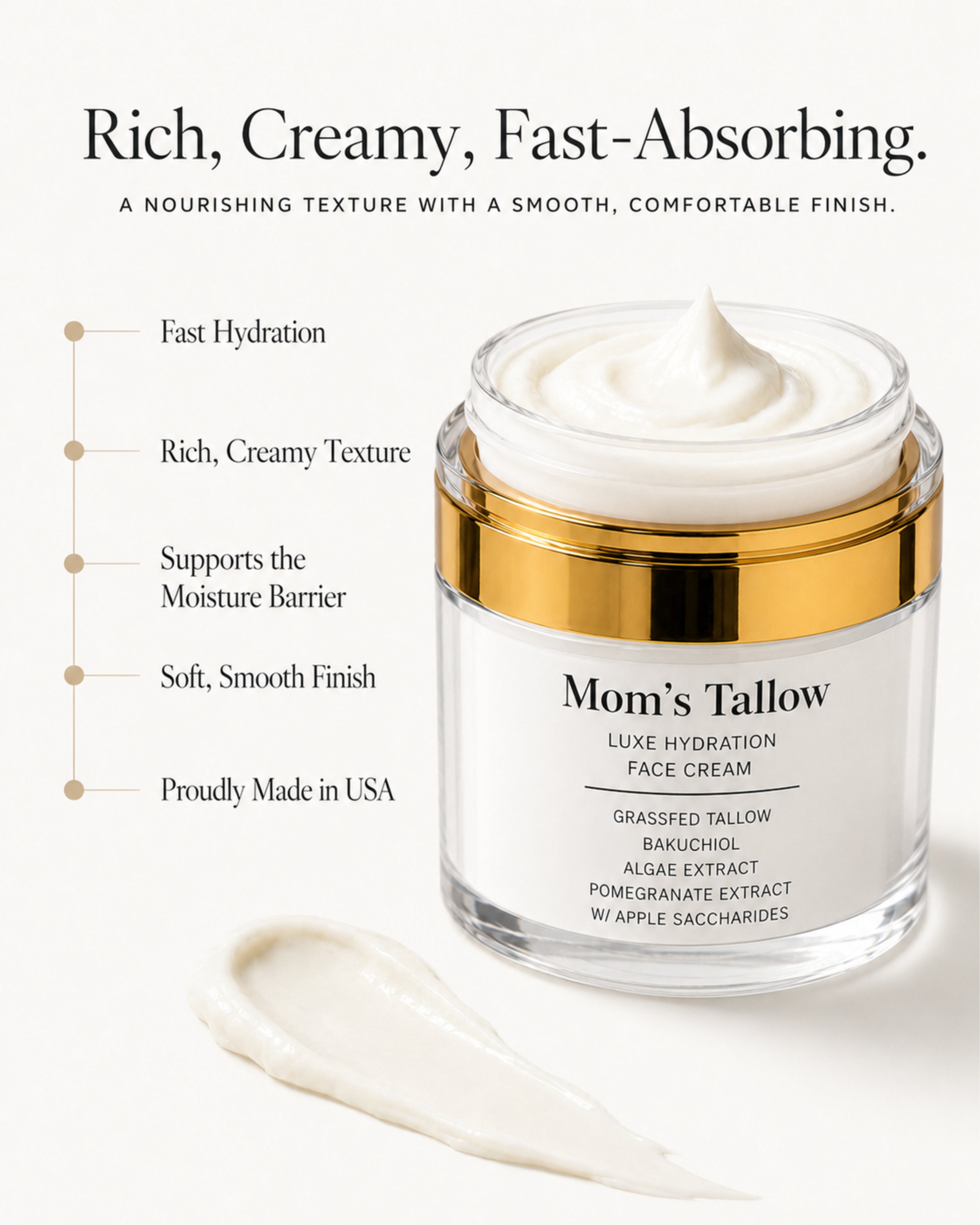 Mom’s Tallow Luxe Hydration Face Cream for fast hydration, moisture barrier support and soft smooth skin