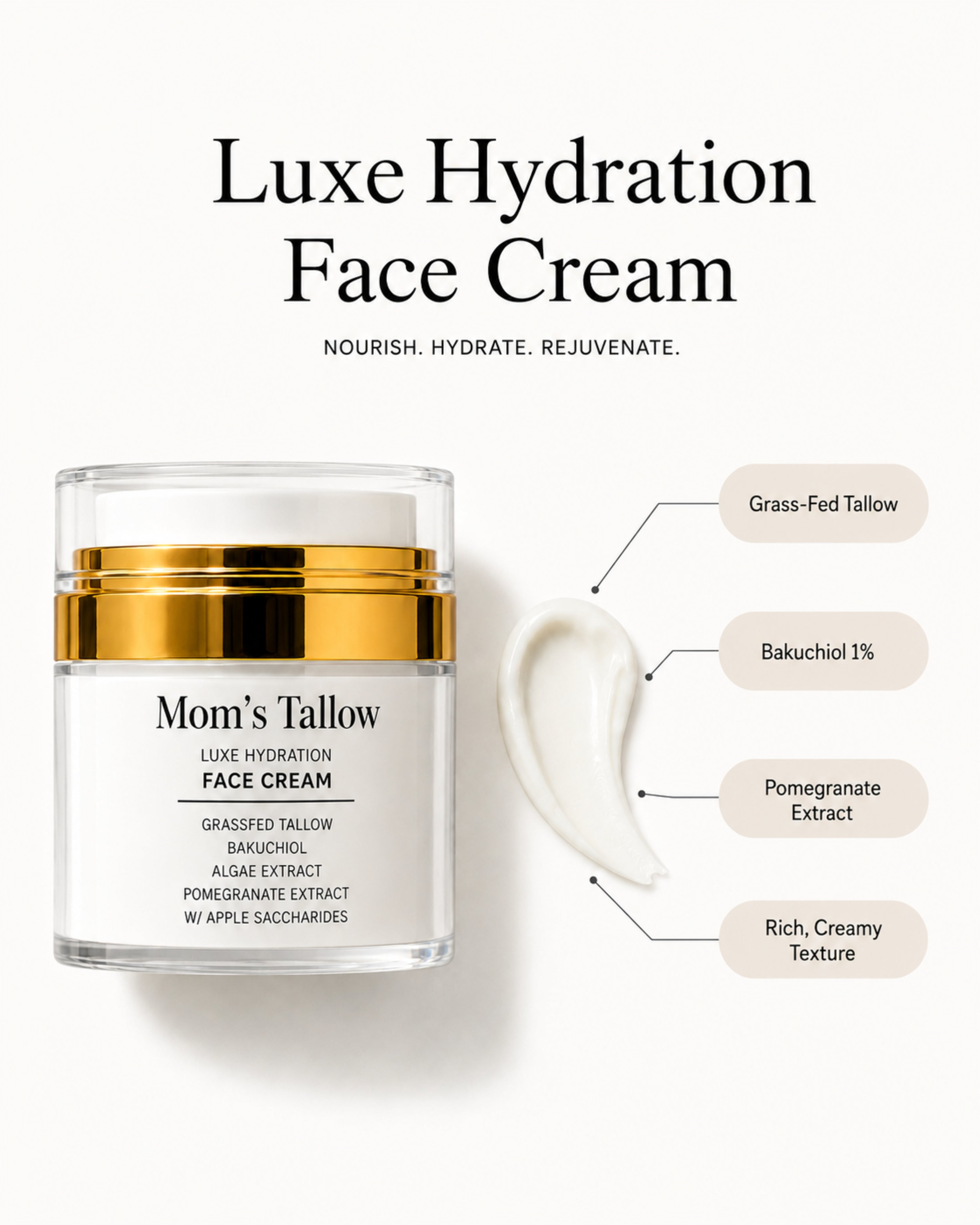 Mom’s Tallow Luxe Hydration Face Cream with grass-fed tallow, 1% bakuchiol and pomegranate extract