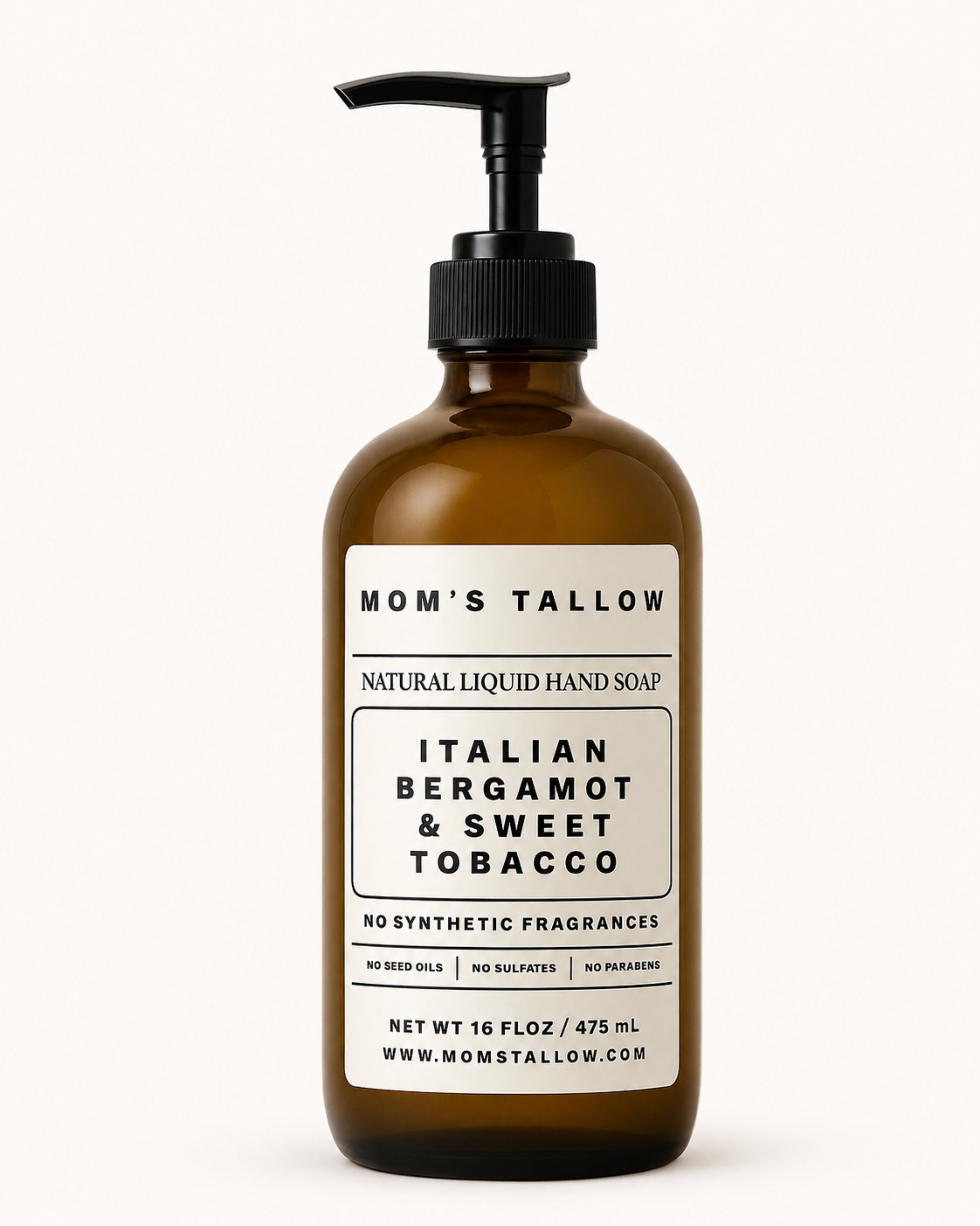 Mom’s Tallow Italian Bergamot & Sweet Tobacco Natural Liquid Hand Soap with grass-fed tallow and organic oils – 16 oz