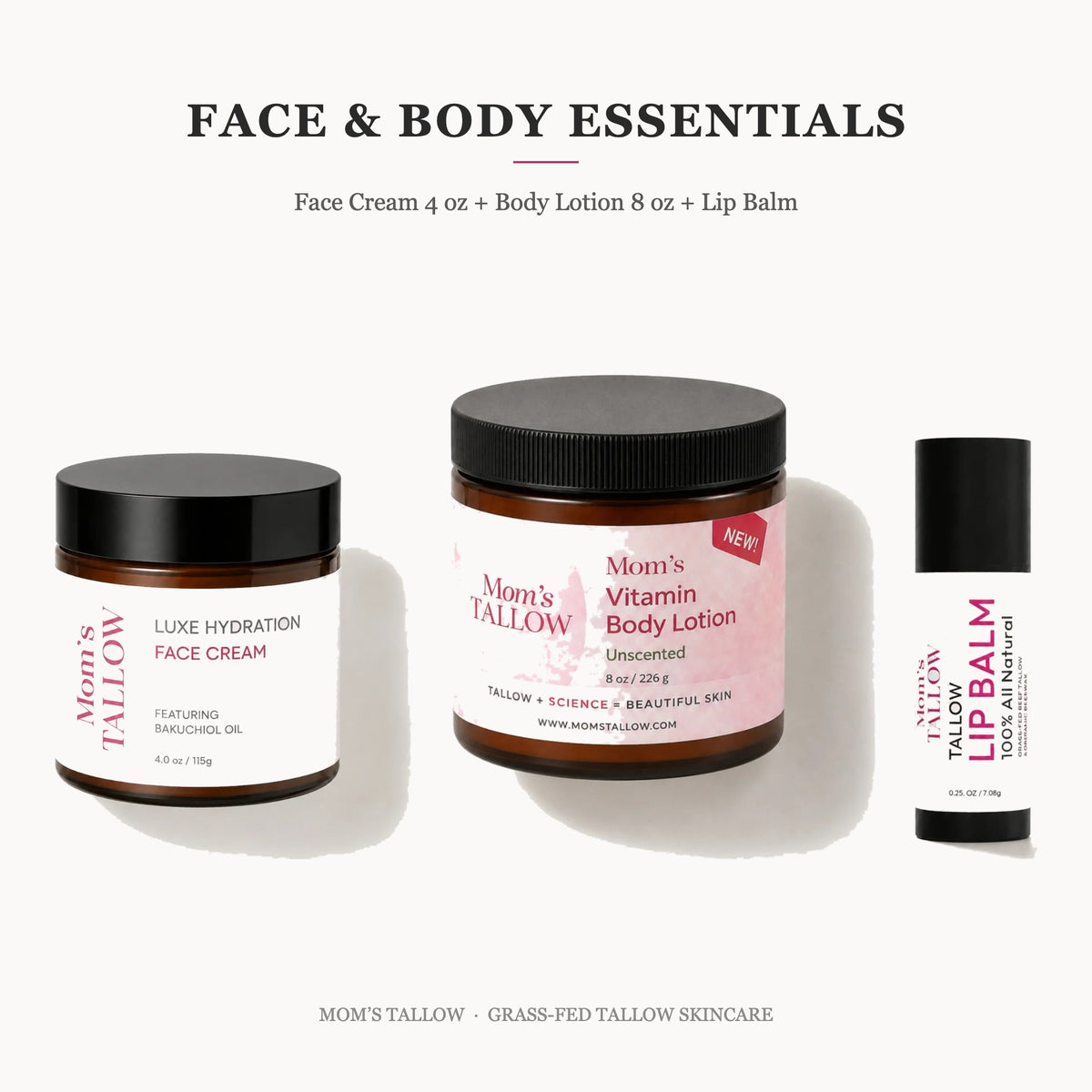Face & Body Essentials bundle: Luxe Hydration Face Cream 4 oz, Vitamin Body Lotion 8 oz and Tallow Lip Balm