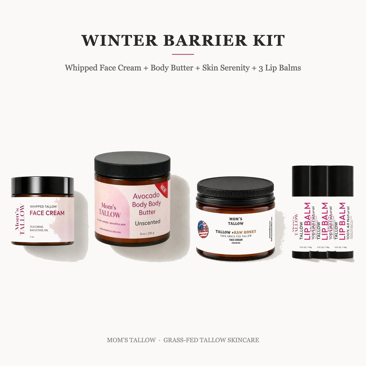 Winter Barrier Kit: Cloud Whipped Face Cream, Avocado Body Butter, Skin Serenity and three Tallow Lip Balms